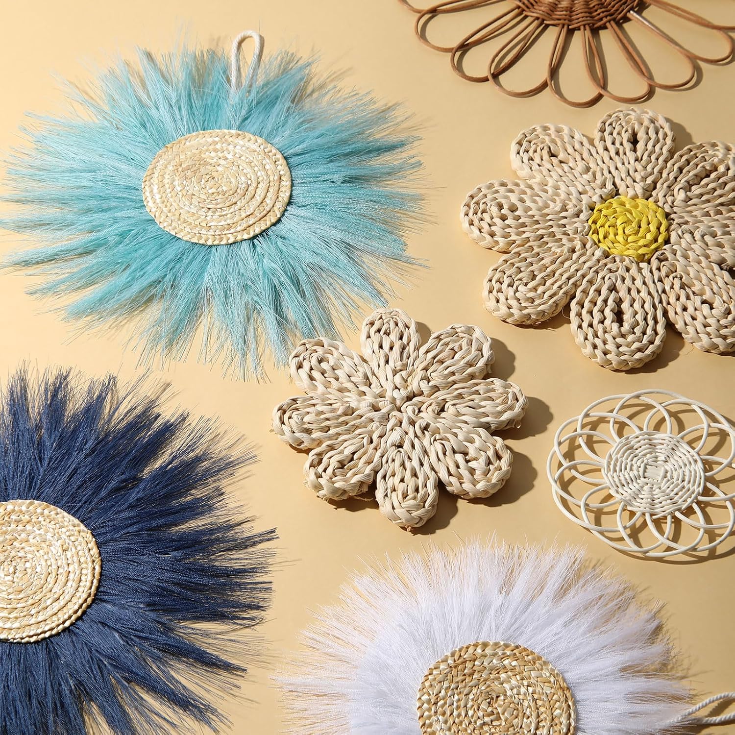 Boho Wall Basket Decor Rattan Flower Wall Decor Nursery Daisy Flower Woven Macrame / Blue / Set of 7