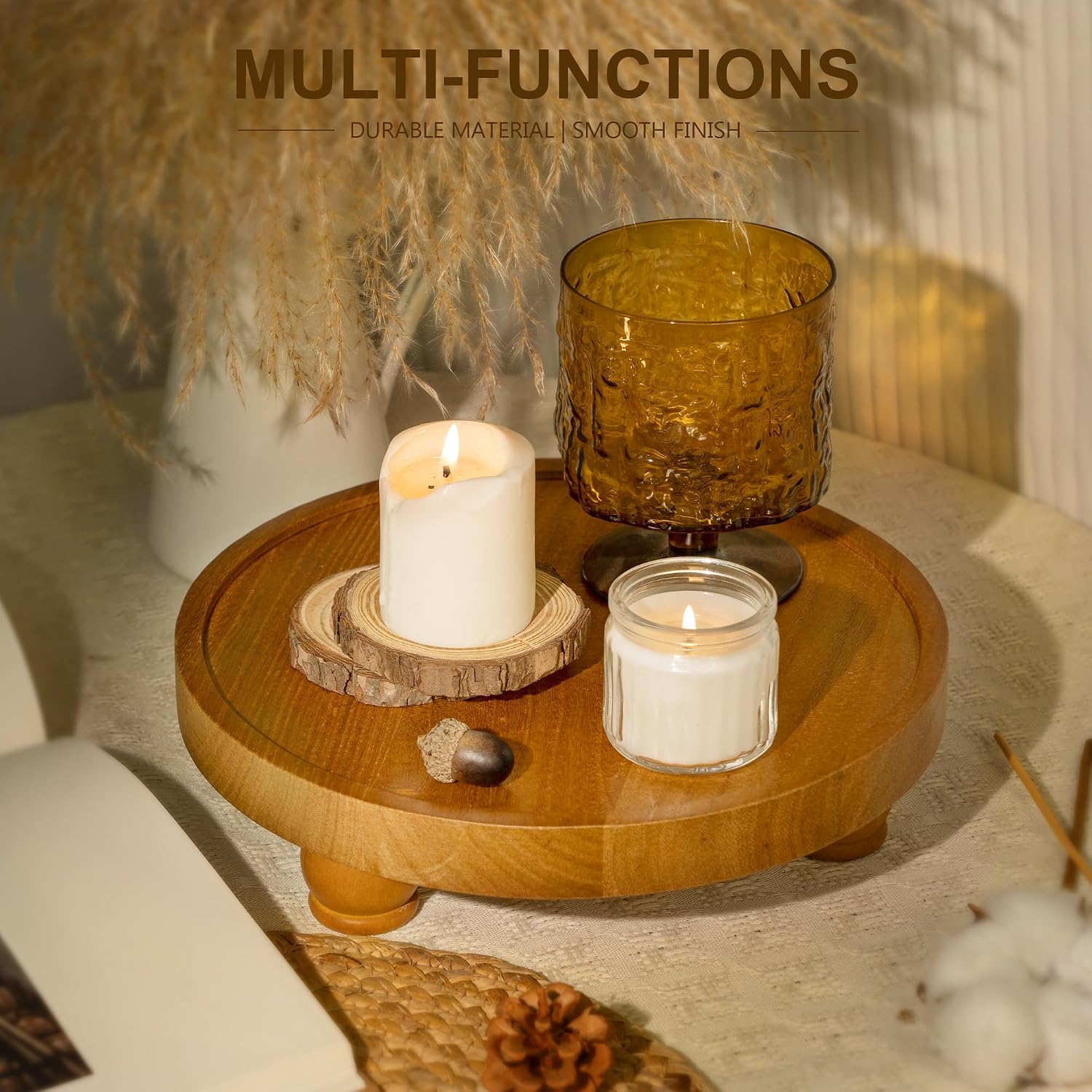 EOSAHR Wood Display Riser: Rustic Pedestal Stand for Bathroom Decor, Yellow | 10" Round Pedestal Stand, Plant Stand