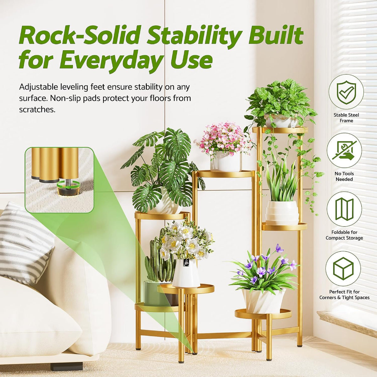 Patio Plant Stand, 7 Tiered Plant Stand Indoor for Multiple Large Planter, Tall Heavy Duty Adjustable Folding Rack with