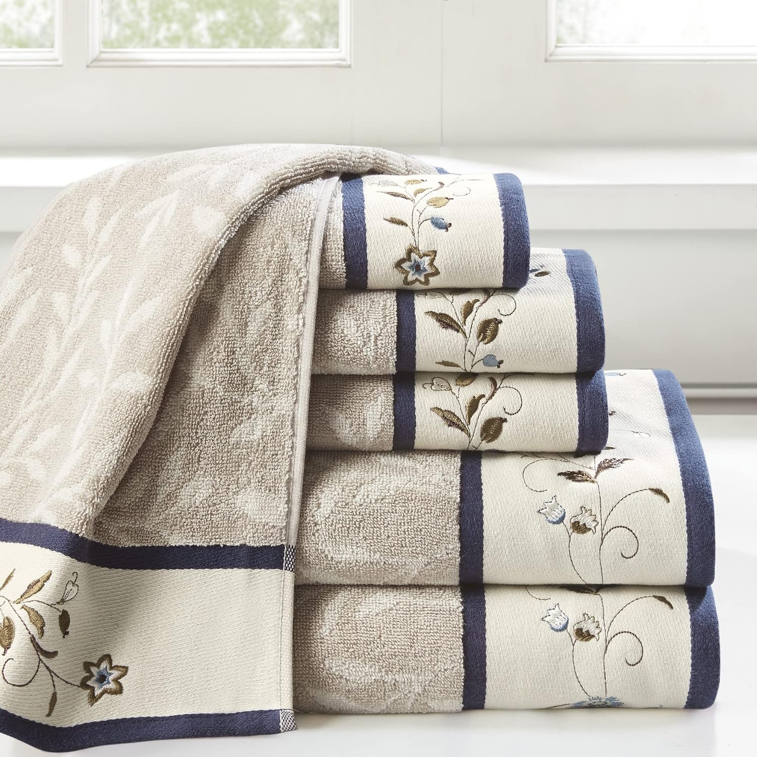 Madison Park Serene 100% Cotton Bath Towel Set Luxurious Floral Decorative Towels for Bathroom Embroidered Cotton