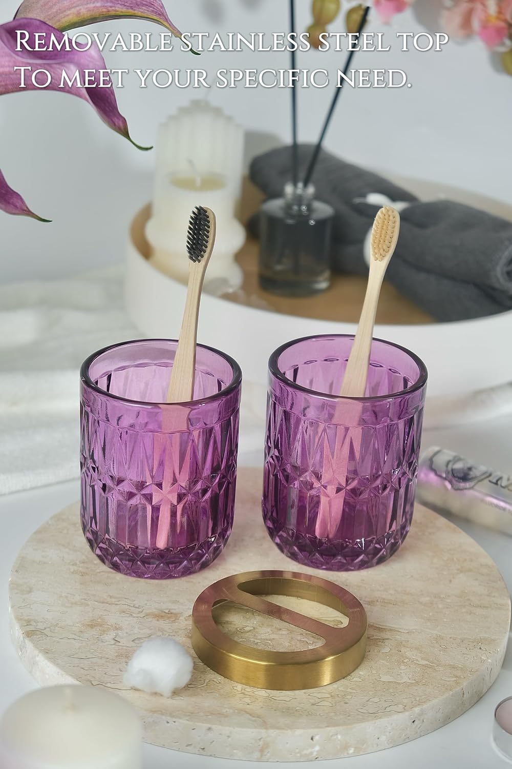 LaMrriti Purple Bathroom Accessories Set 5 Pcs, Glass Bathroom Set | Soap Dispenser and Toothbrush Holder Set, Q-tip