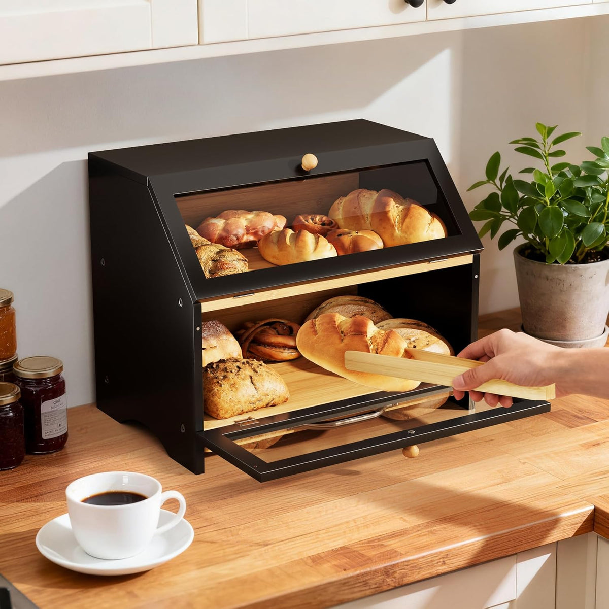 MAISONPEX Double Layer Bamboo Bread Box for Kitchen Countertop, Large Capacity, Cutting Board, Stainless Steel Bread