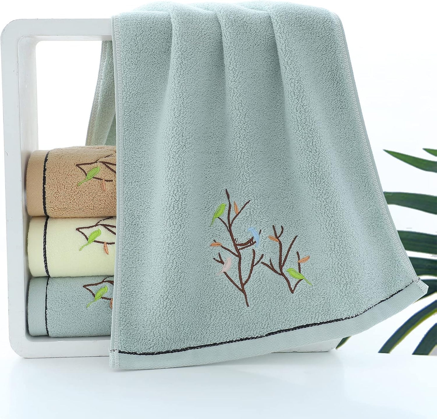 Hand Towels Set of 4 Embroidered Bird Tree Pattern 100% Cotton Absorbent Soft Decorative Towel for Bathroom (Aqua Green)
