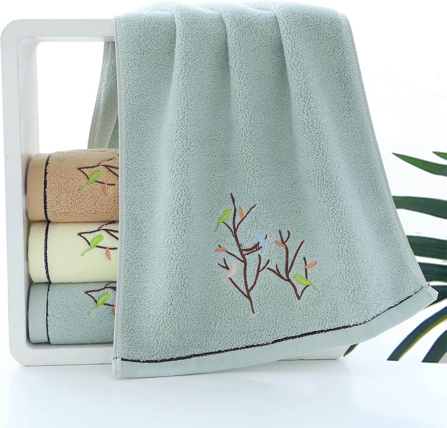 Hand Towels Set of 4 Embroidered Bird Tree Pattern 100% Cotton Absorbent Soft Decorative Towel for Bathroom (Aqua Green)