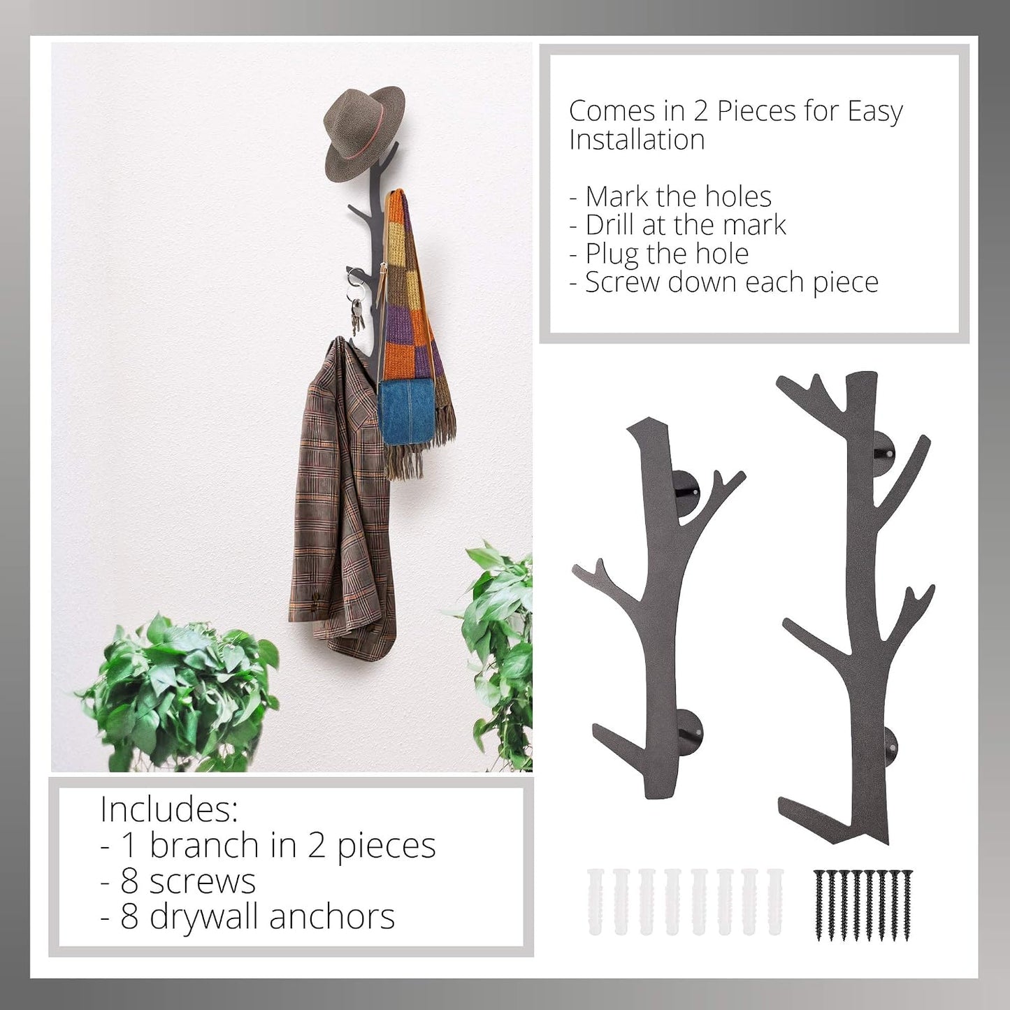 Tree Branch Coat & Hat Rack Wall Mount with 8 Vertical Hooks for Caps, Coats, Purse & More Modern Storage Dog Leash