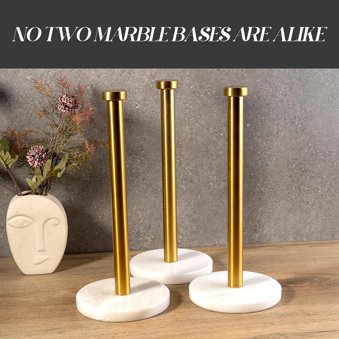 African Genuine Marble Paper Towel Holder Countertop, 6" Stone Base Gold Rod Paper Towel Holder Stand for Kitchen