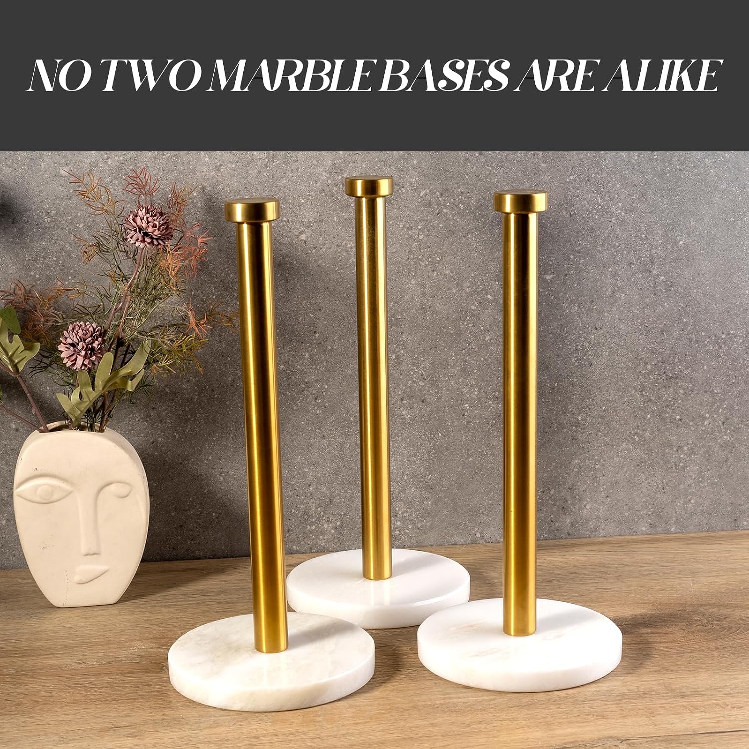 African Genuine Marble Paper Towel Holder Countertop, 6" Stone Base Gold Rod Paper Towel Holder Stand for Kitchen