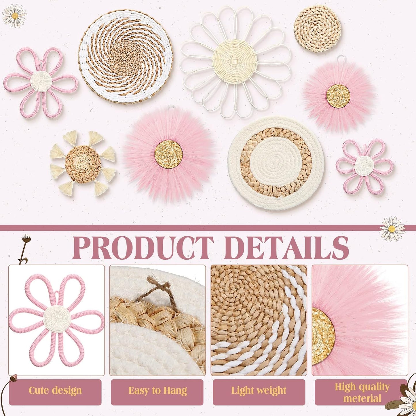 Boho Nursery Wall Decor Daisy Flower Woven Macrame Seagrass Rattan Basket / White Pink / Set of 9
