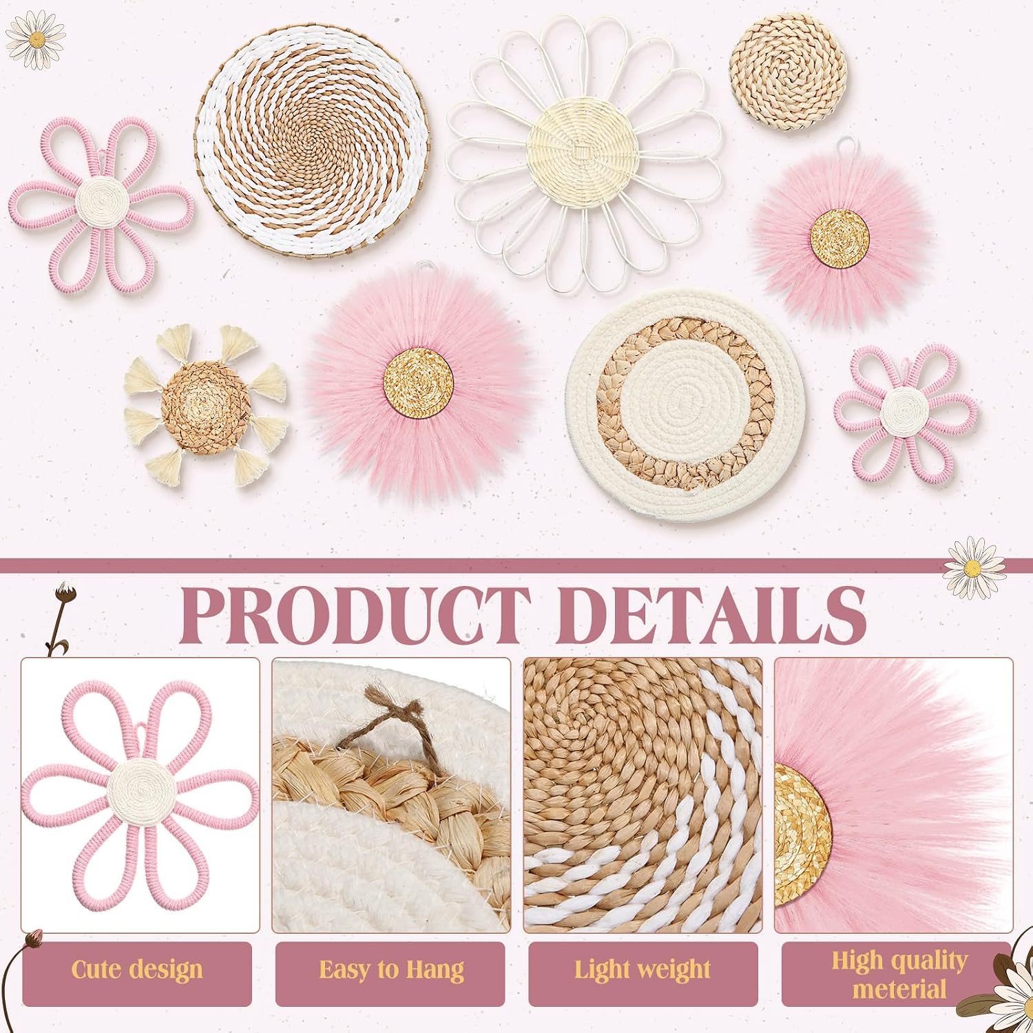 Boho Nursery Wall Decor Daisy Flower Woven Macrame Seagrass Rattan Basket / White Pink / Set of 9