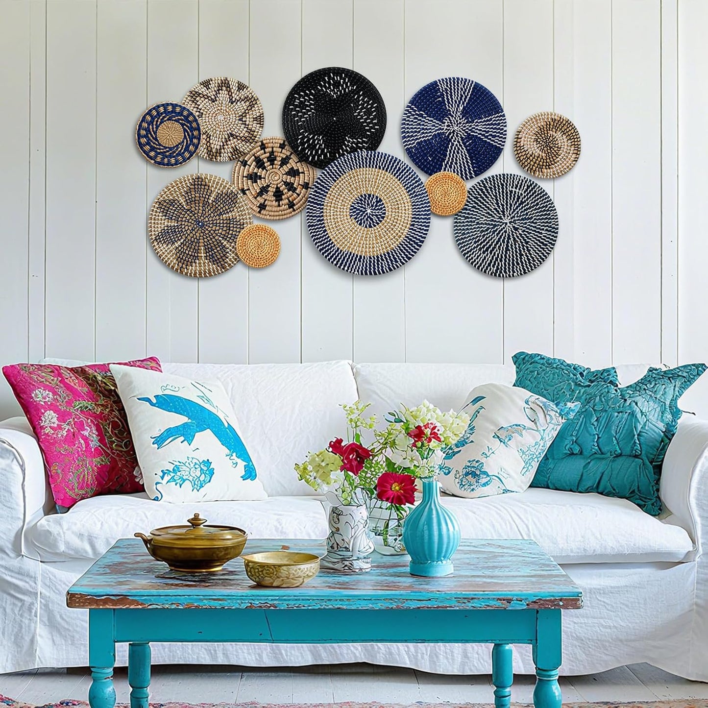 Boho Wall Basket Decor Bulrush Woven Wall Hanging Art Round Farmhouse Rustic / Blue / Set of 11