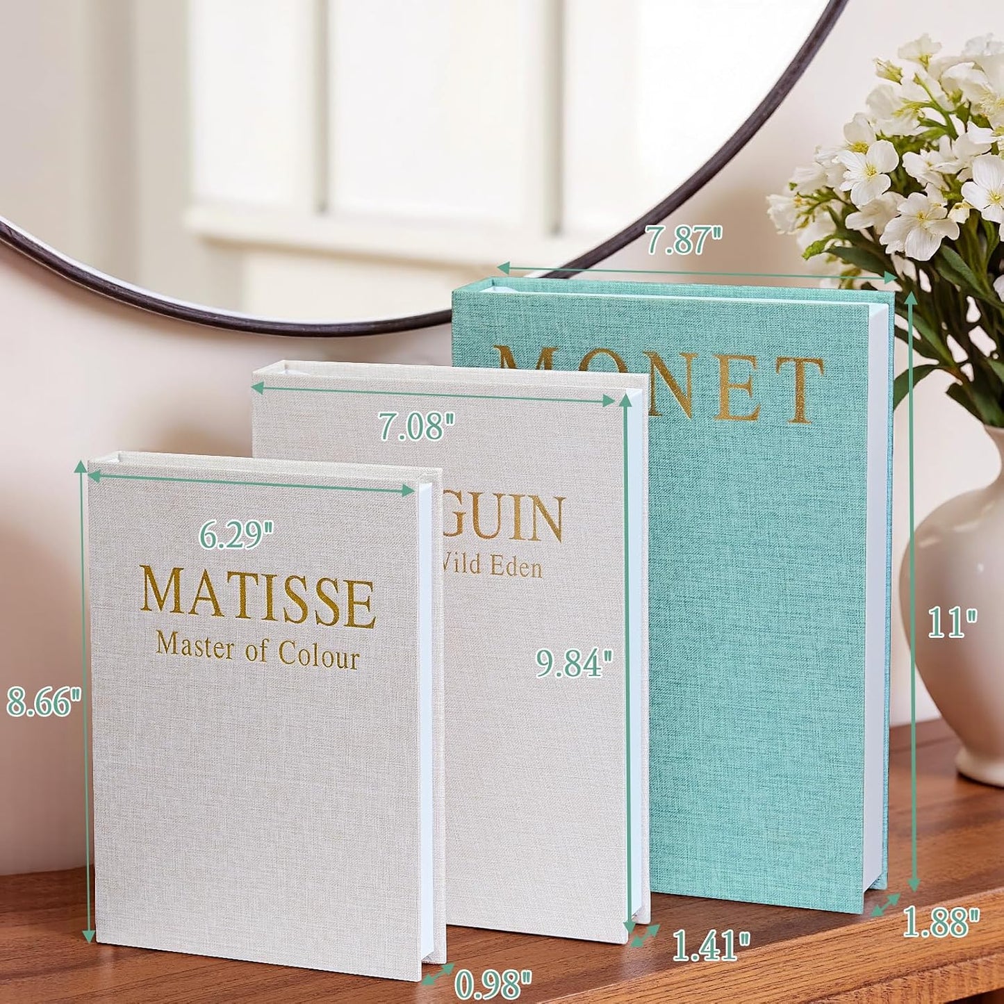 Linen Faux Book Decor Storage Boxes / Green,beige,beige / Set of 3