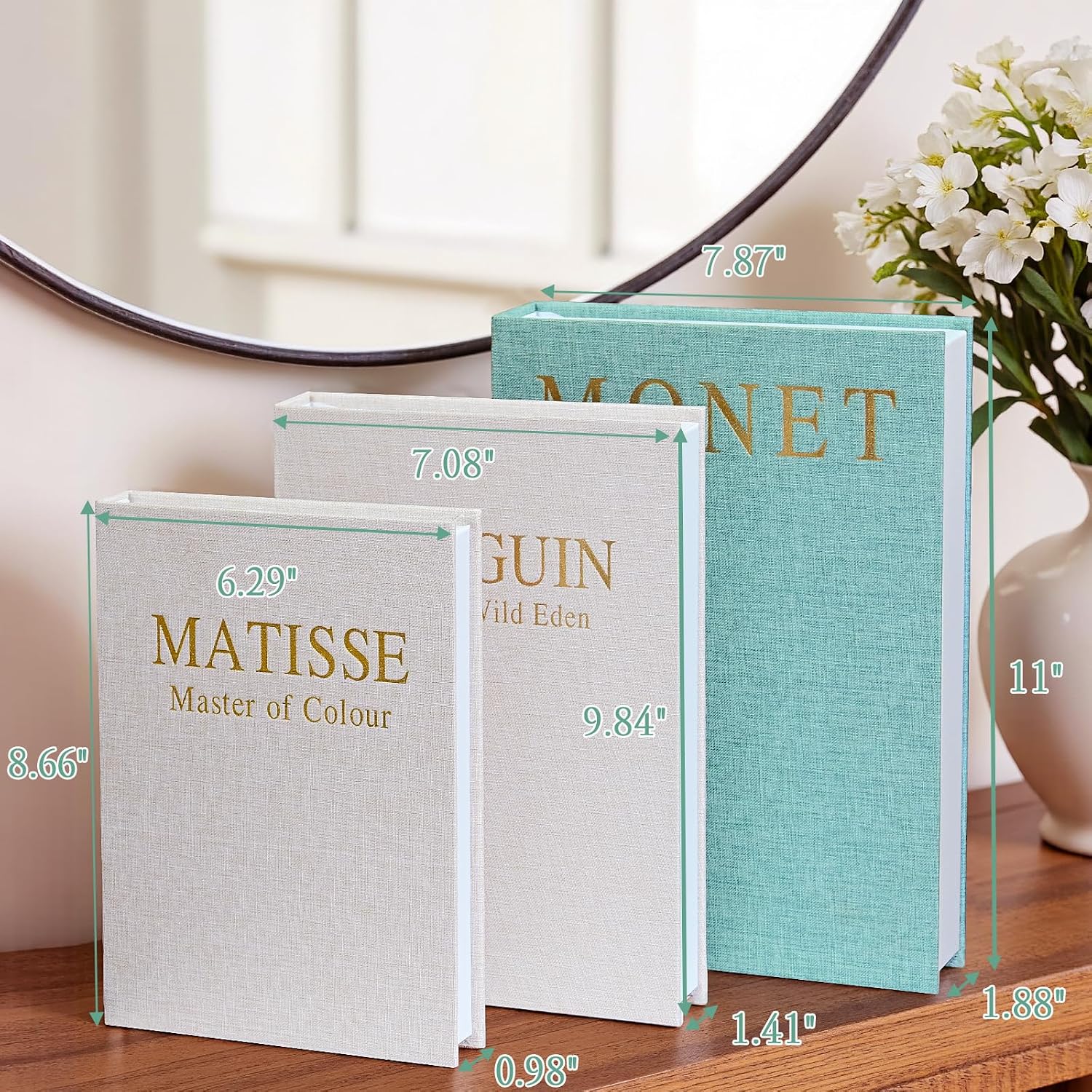 Linen Faux Book Decor Storage Boxes / Green,beige,beige / Set of 3