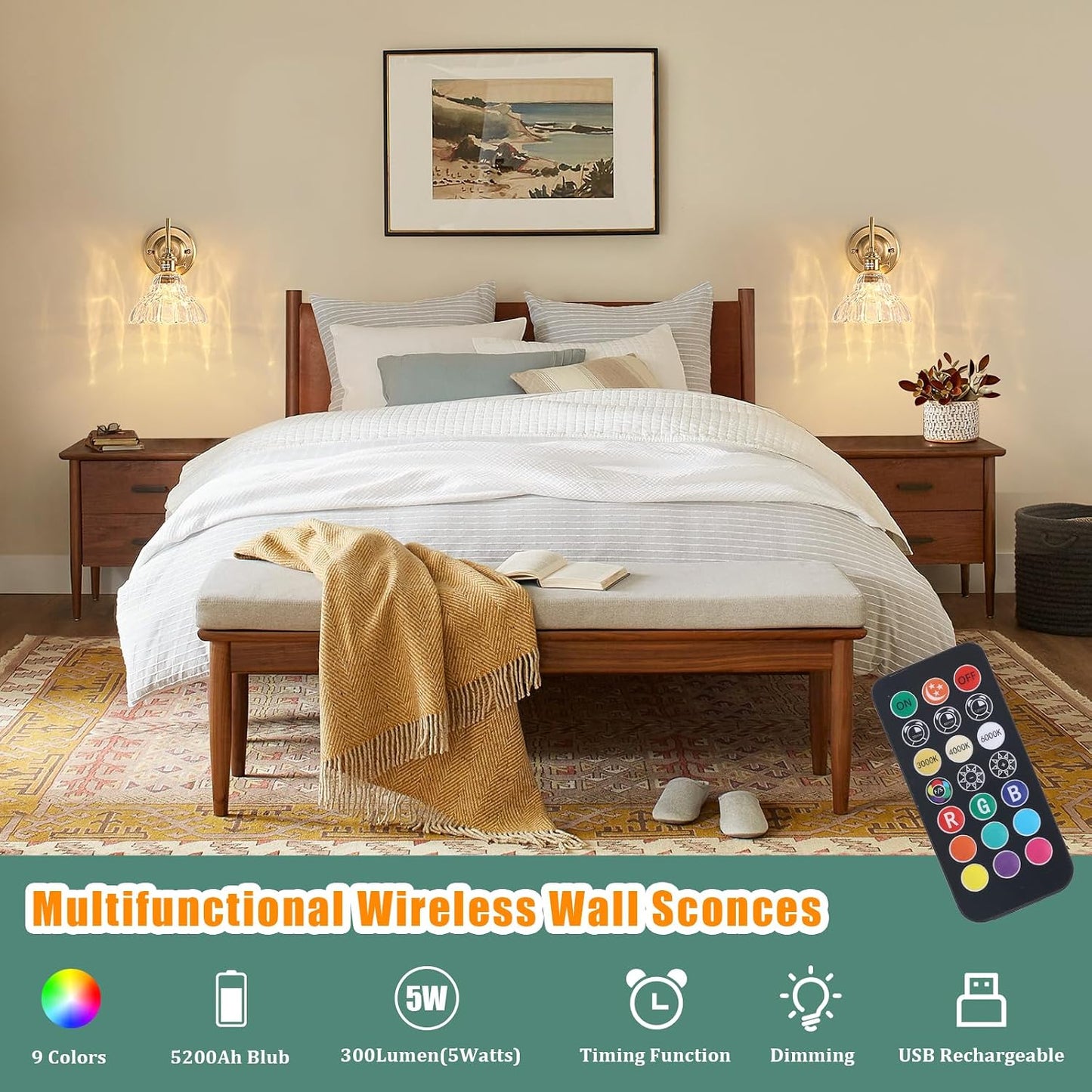 Shenmoyl Battery Operated Wall Sconce, Vintage Rechargeable Wall Lights with Clear Lily Glass Shade, Wireless Indoor