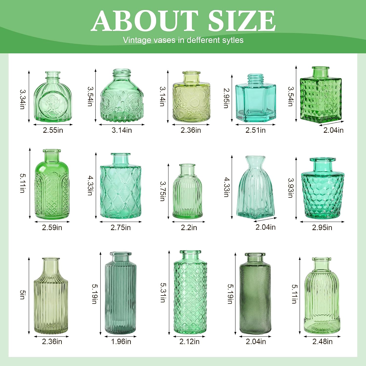 Green Glass Bud Vases / Green Series / Set of 15