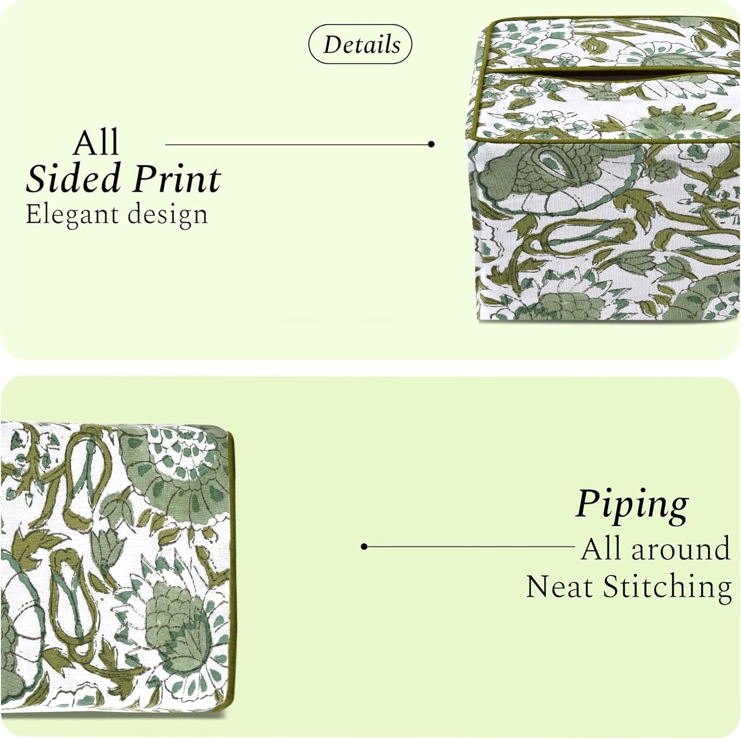 CPC Hand Block Printed Cotton Tissue Box Cover " Square Soft Reusable / Agate Green / 5 x 5 x 5.5