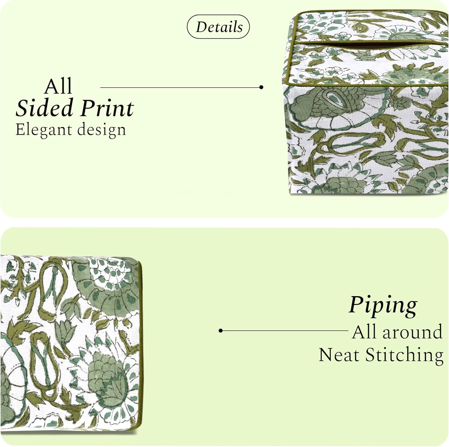 CPC Hand Block Printed Cotton Tissue Box Cover " Square Soft Reusable / Agate Green / 5 x 5 x 5.5
