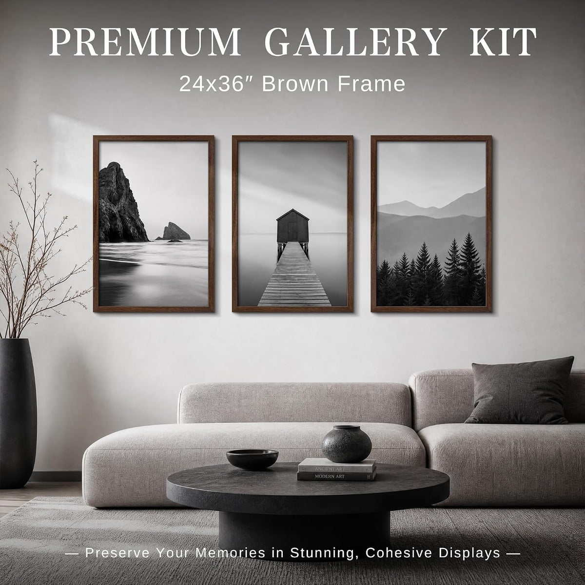 VCK 24x36 Poster Frame Set of 6, Elegant Brown Wood Picture Frame | 1.1in Wide Border, Wall Hanging, HD Plexiglass