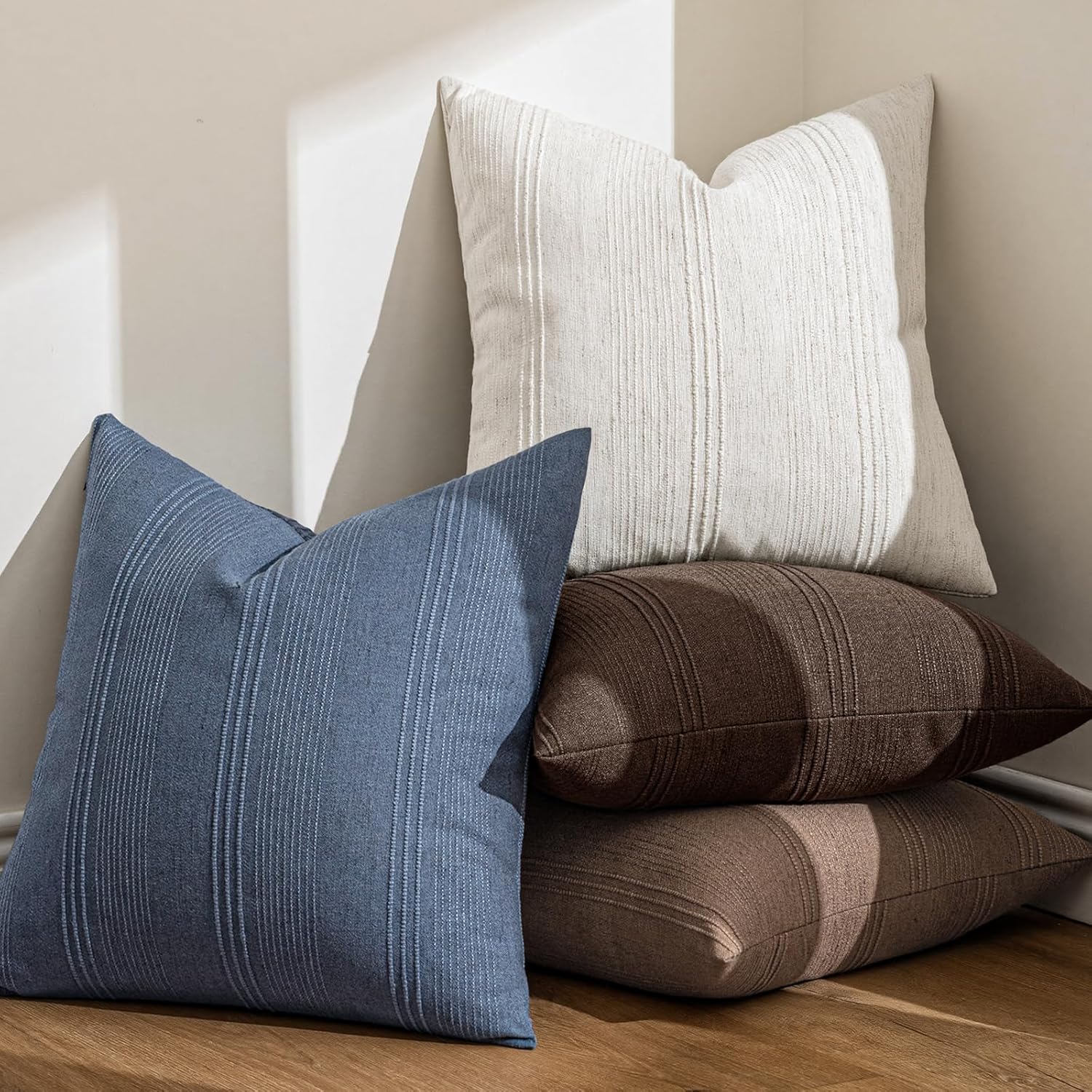 Striped Throw Pillow Covers Decorative Textured Pillow Covers Linen / 18 x 18 / Blue / Set of 2
