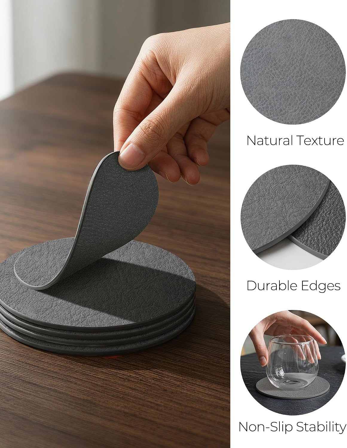 Holder / Reversible Leather Coasters / Mist Grey / Set of 18