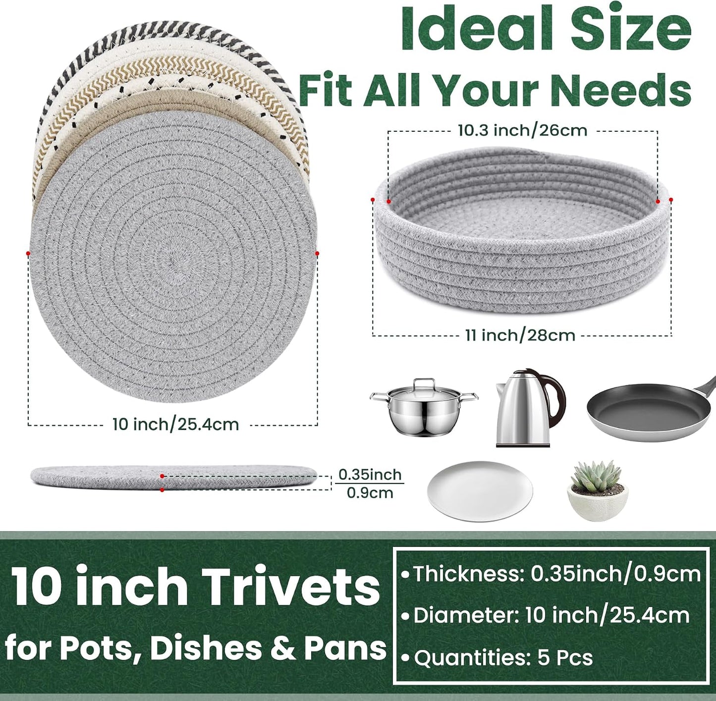 10 Inch Trivets for Hot Dishes, Hot Pots and Pans, 5 Pcs | Comes with Storage Basket, Extra Large Thick Heat Resistant