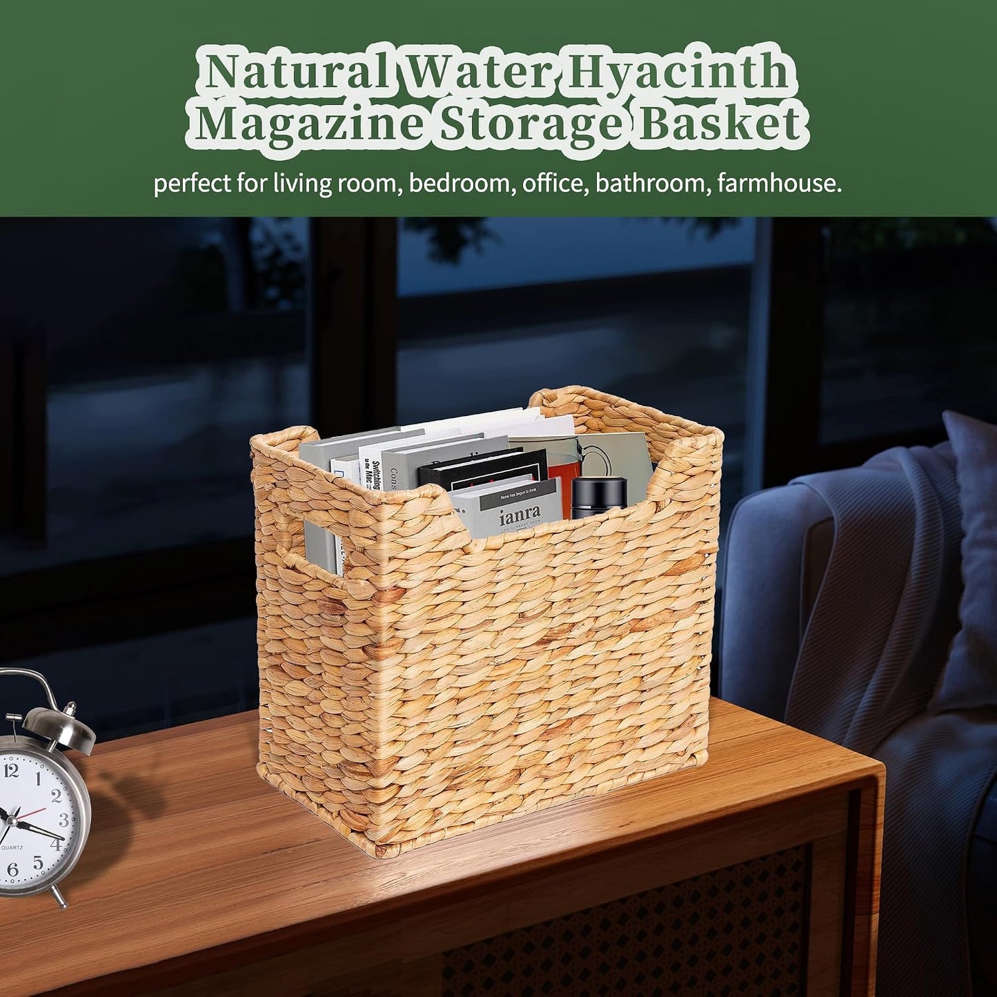 Magazines Holders, Handwoven Magazine Basket for Bathroom, Water Hyacinth Wicker Magazine Rack for Books, Files