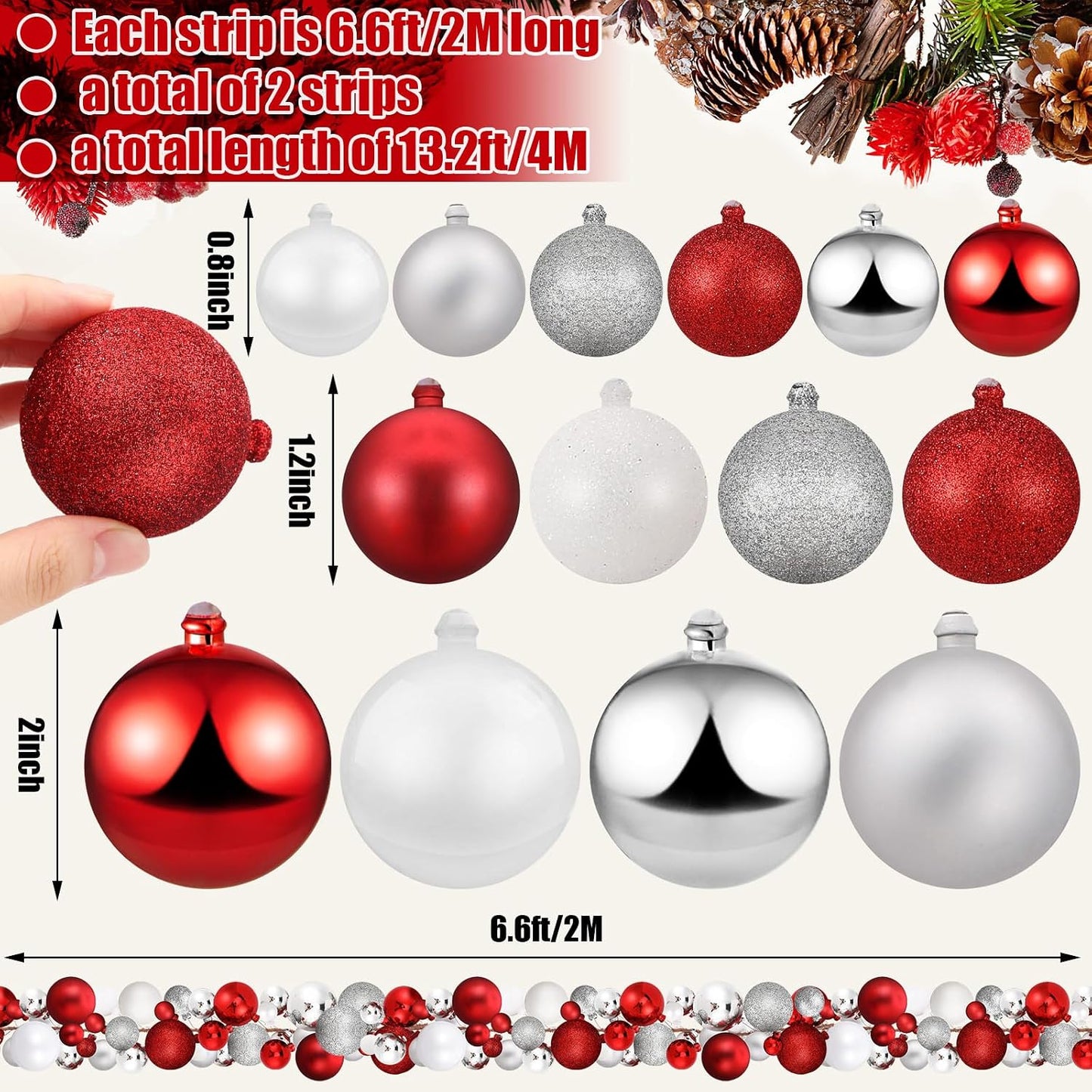 2 Pcs 6 ft Christmas Ball Ornament Garland, Red, White, Silver | Bauble Bulb Christmas Tree Ball Decoration