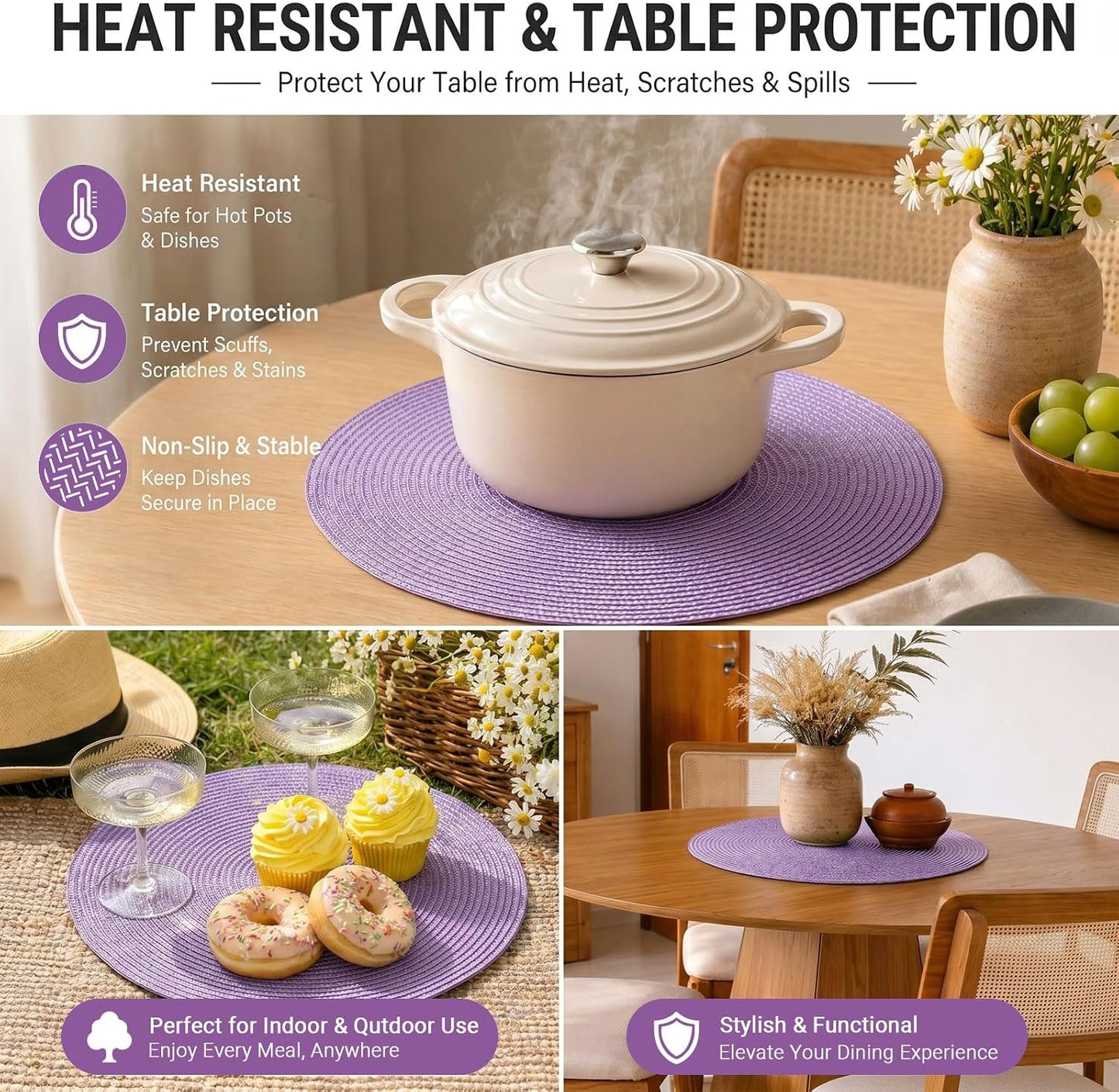 FunWheat Round Braided Placemats Set of 8 Table Mats for Dining Tables Woven Washable Non-Slip Place mats 15
