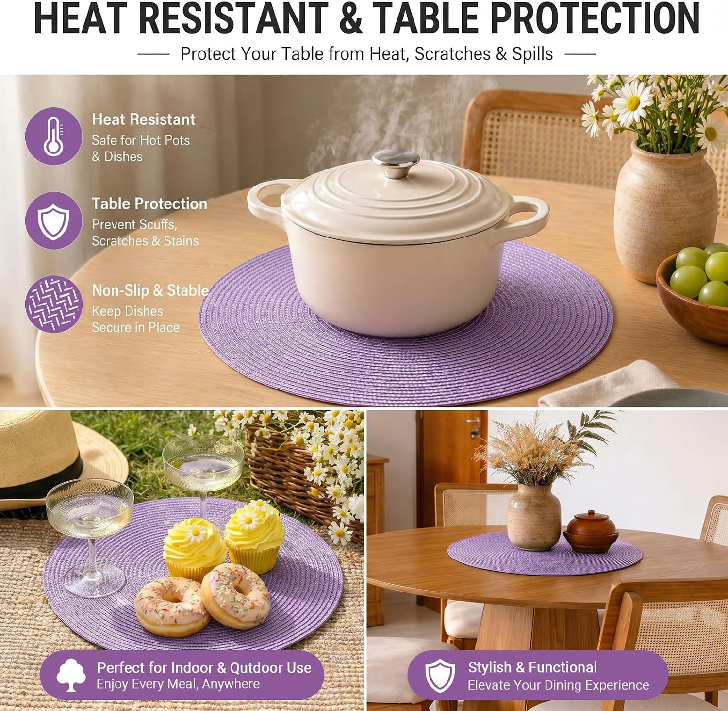 FunWheat Round Braided Placemats Set of 8 Table Mats for Dining Tables Woven Washable Non-Slip Place mats 15
