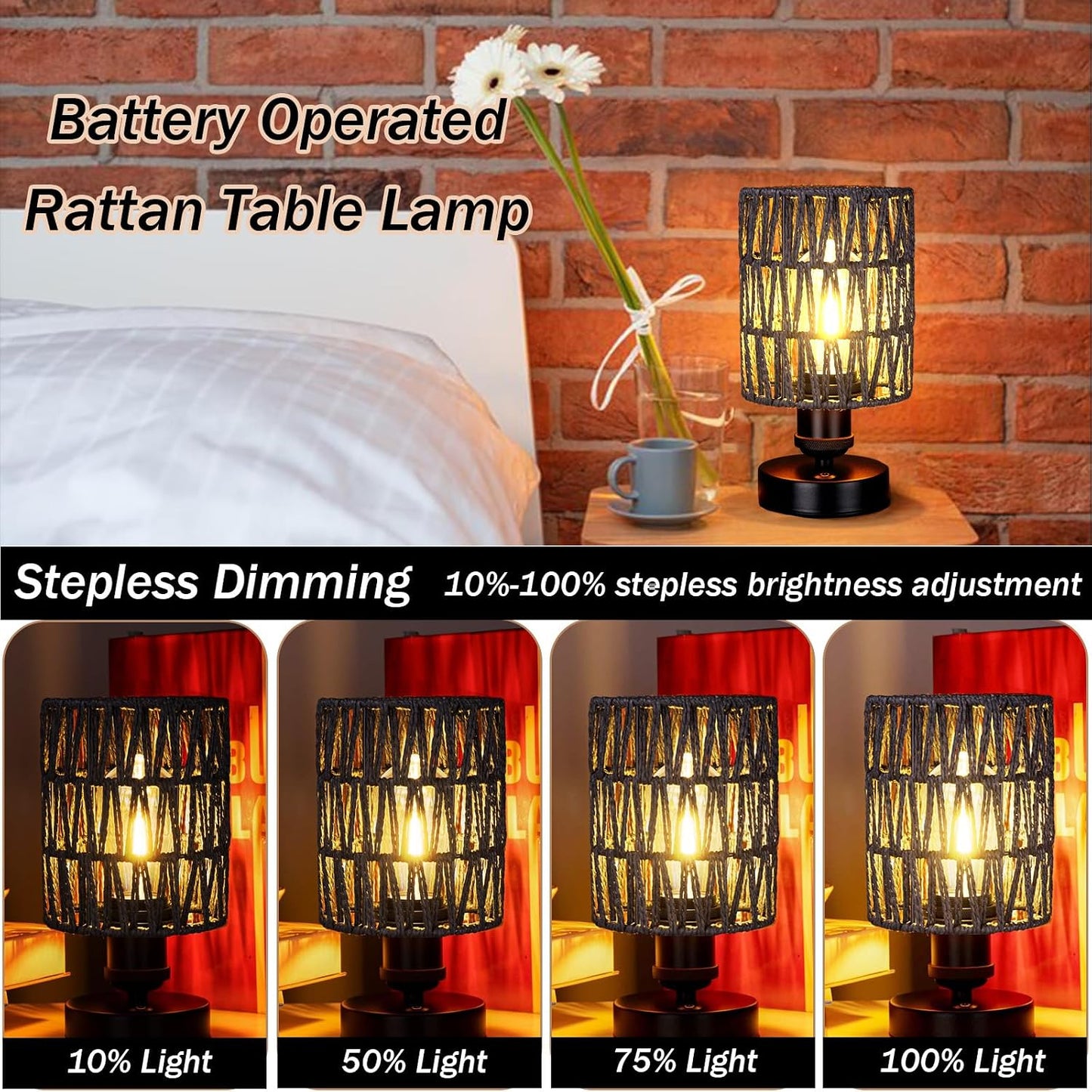 Cordless Rechargeable Outdoor Table Lamps, Battery Operated Table Lamp, Stepless Dimmable for Patio, Living Room, and
