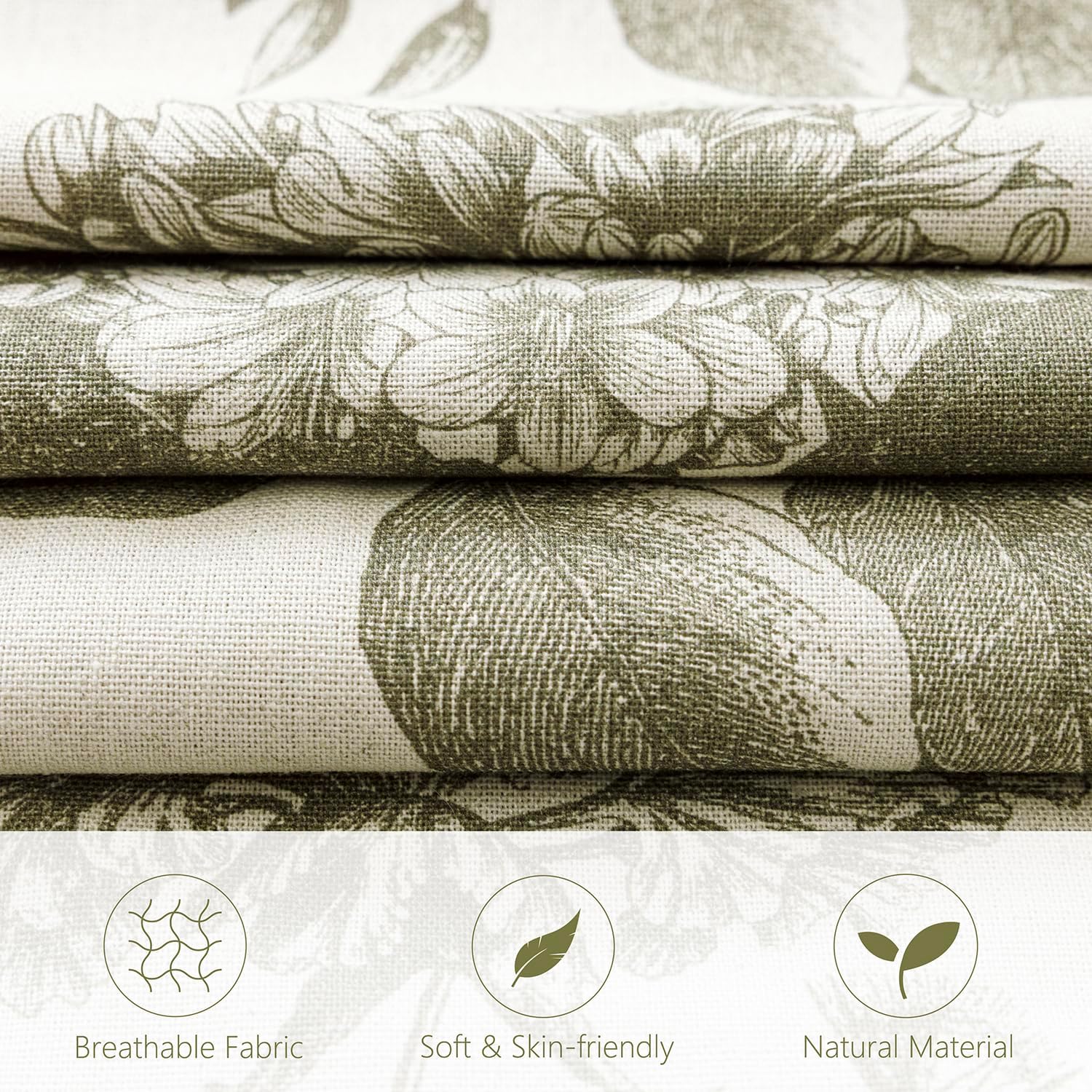 Linen Floral Vintage Throw Pillow Covers Neutral Accent Print / 18 x 18 / Cedar Green / Set of 2