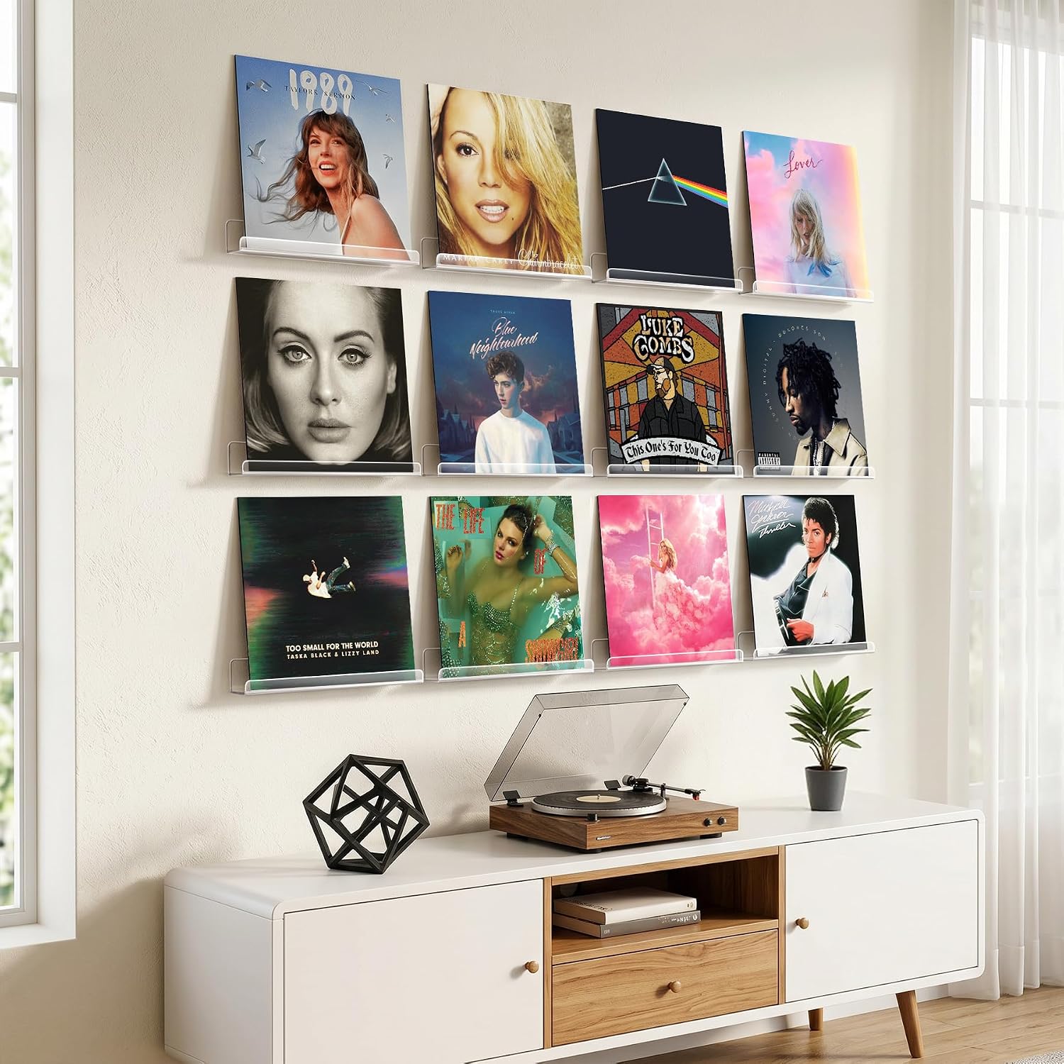 Gotega Vinyl Record Shelf Wall Mount 12 Pack, 12 inch Album Record Display | Clear Acrylic Floating Shelves for Wall