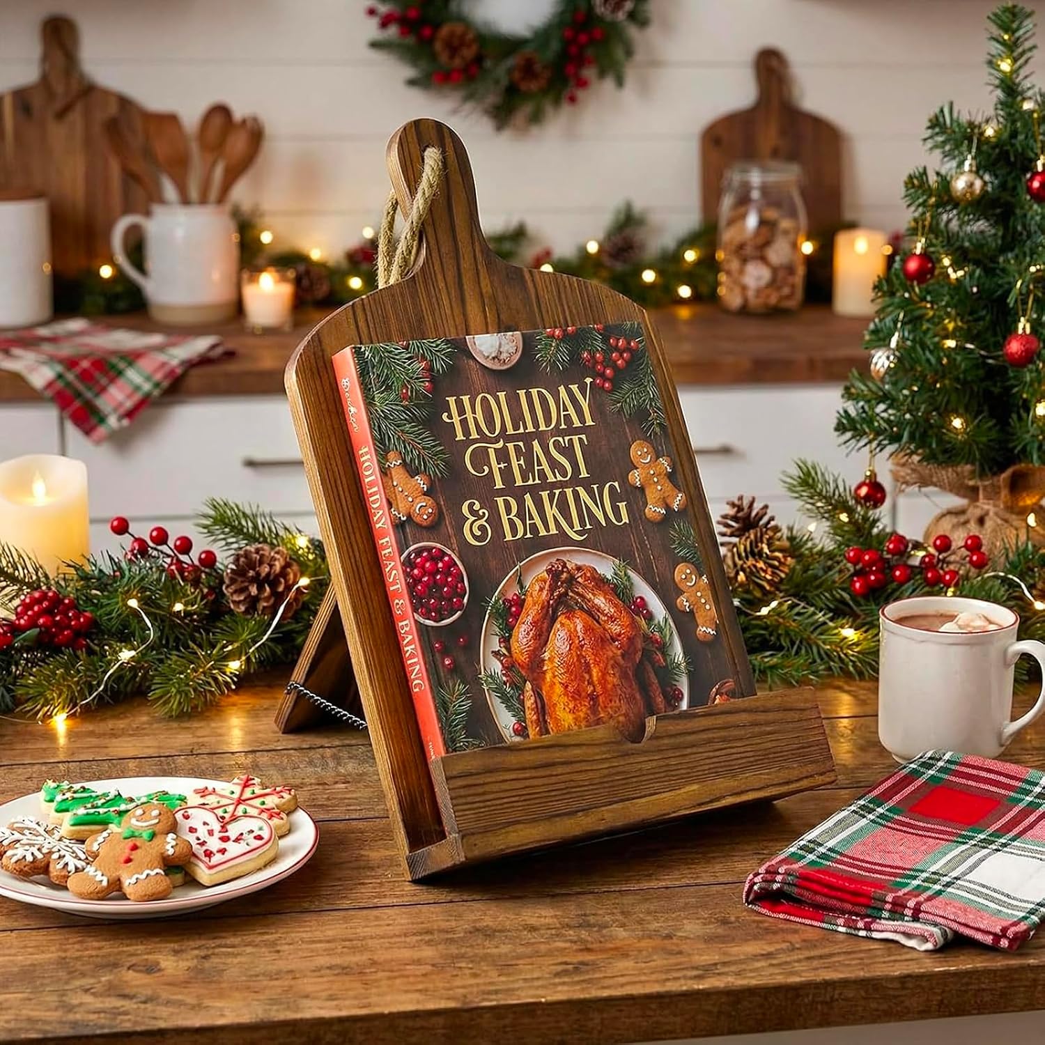 MyGift Cookbook Stand Recipe Book Holder Brown Wood Cutting Board Design | Kitchen Display Easel Reading Support
