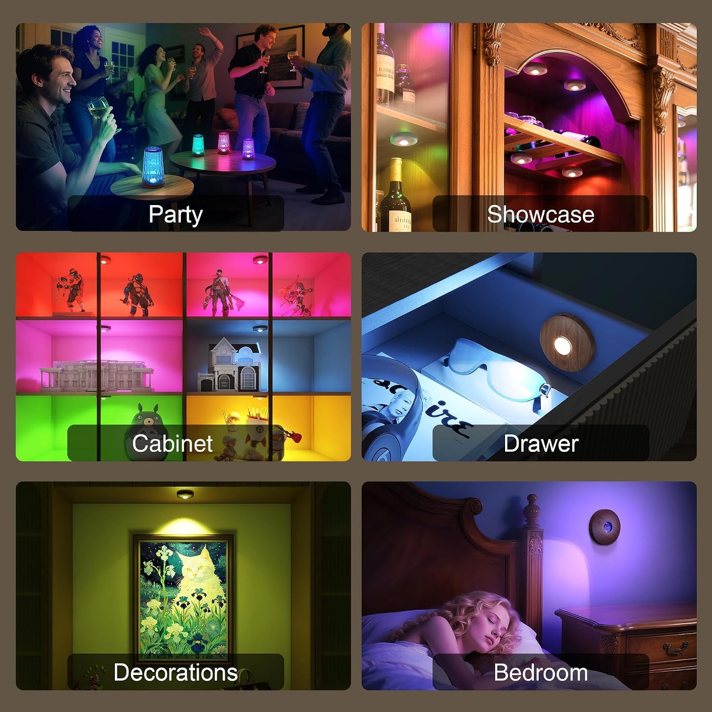 UNUSROOM Rechargeable RGB Puck Lights with Remote Control, Wireless Under Cabinet Lighting,13 Color Changing Lights
