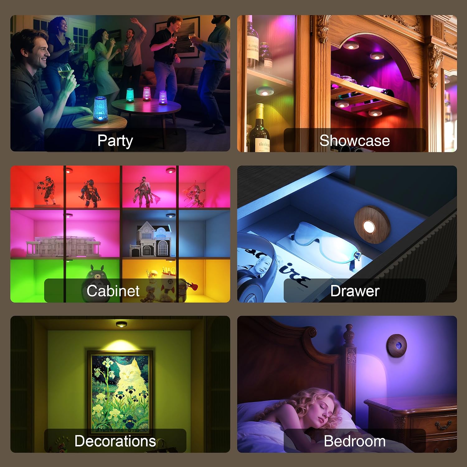 UNUSROOM Rechargeable RGB Puck Lights with Remote Control, Wireless Under Cabinet Lighting,13 Color Changing Lights