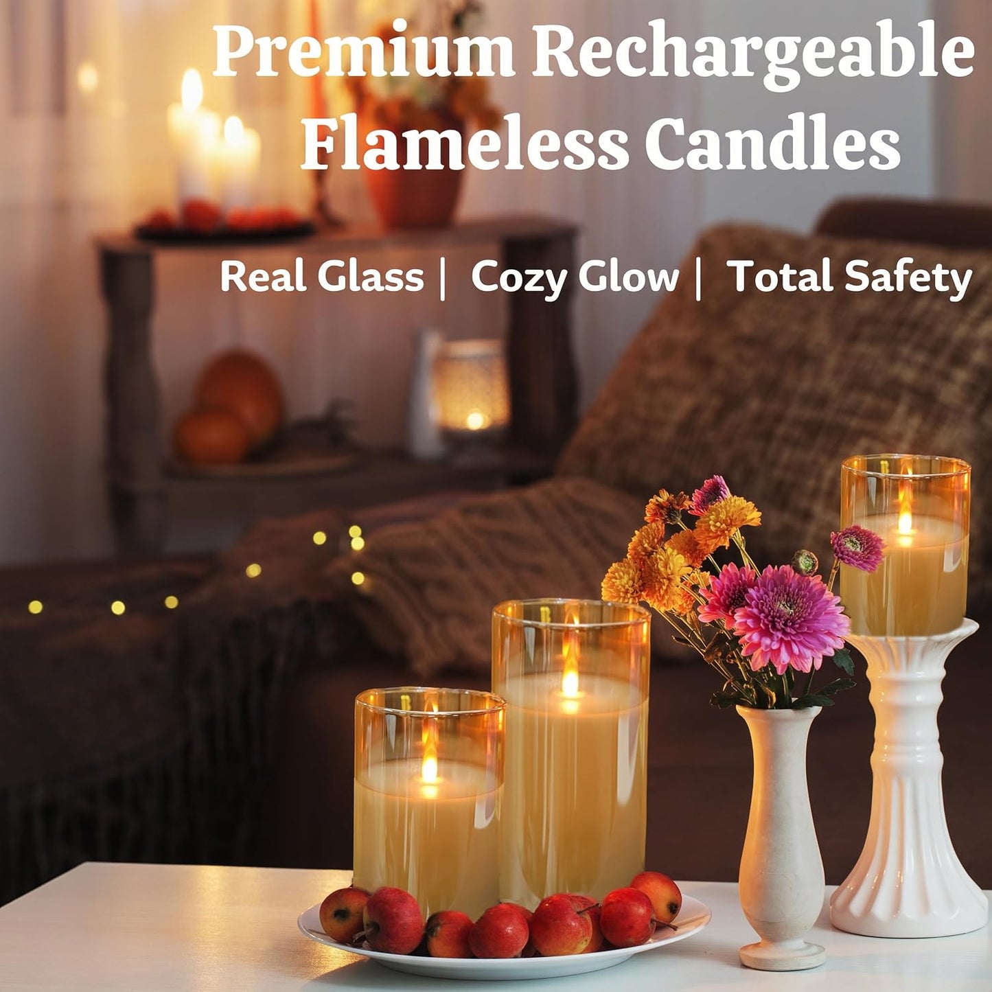 200 Hours Glass Rechargeable Flickering Flameless Candles with Remote | Rechargeable LED Pillar Fake Candles, Real Wax