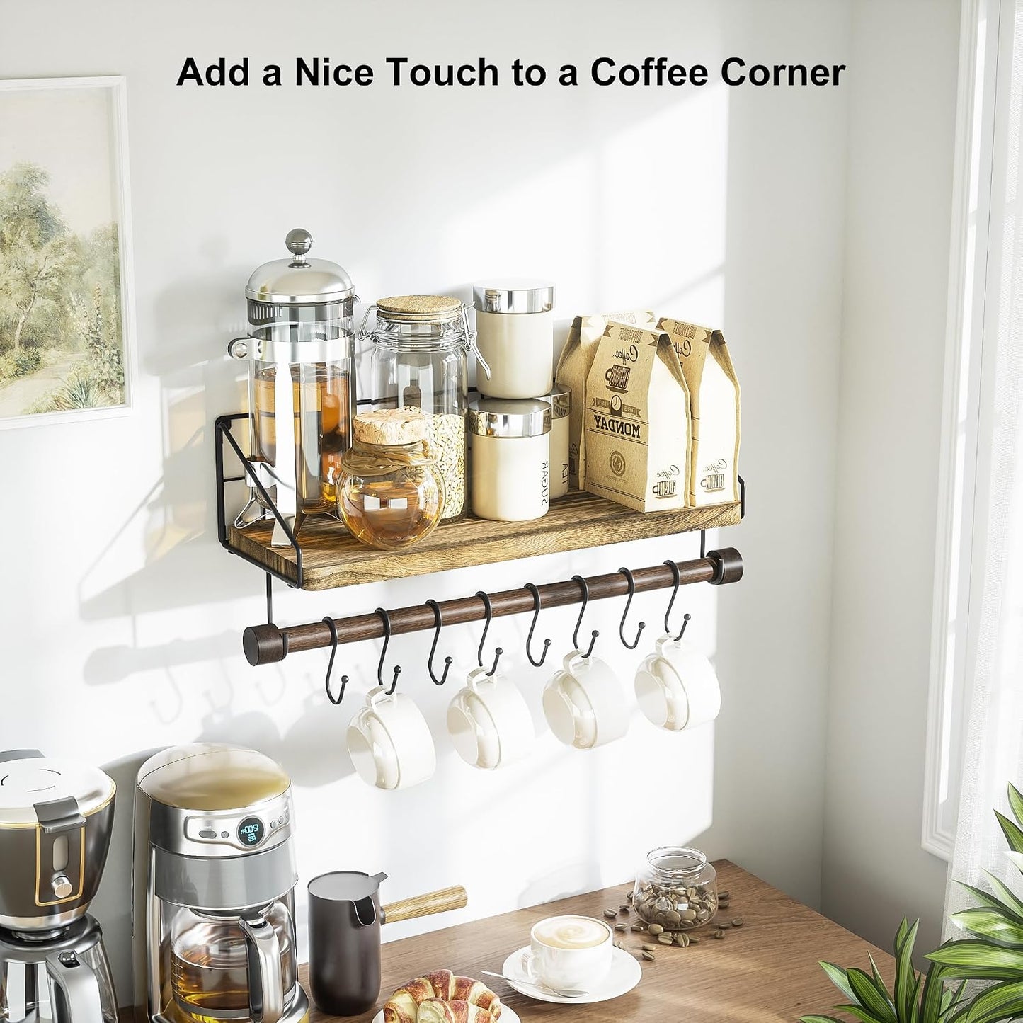 Alsonerbay Floating Shelf for Wall with Wooden Towel Bar, Carbonized Black | 8 removable hooks, rustic finish