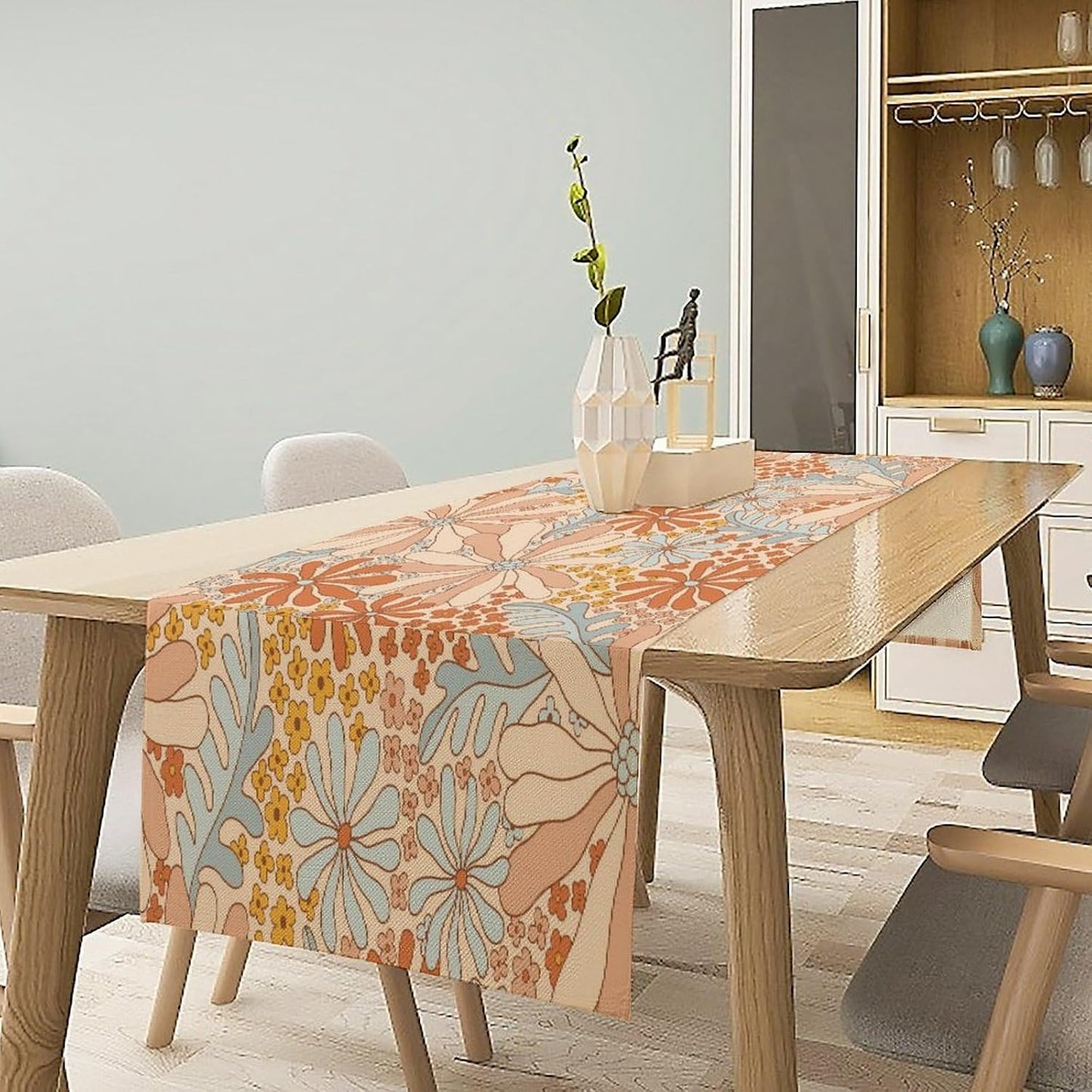 Boho Floral Table Runner Retro 19108s Hippie Summer Groovy Floral Power Printed Linen Table Runner for Home Kitchen
