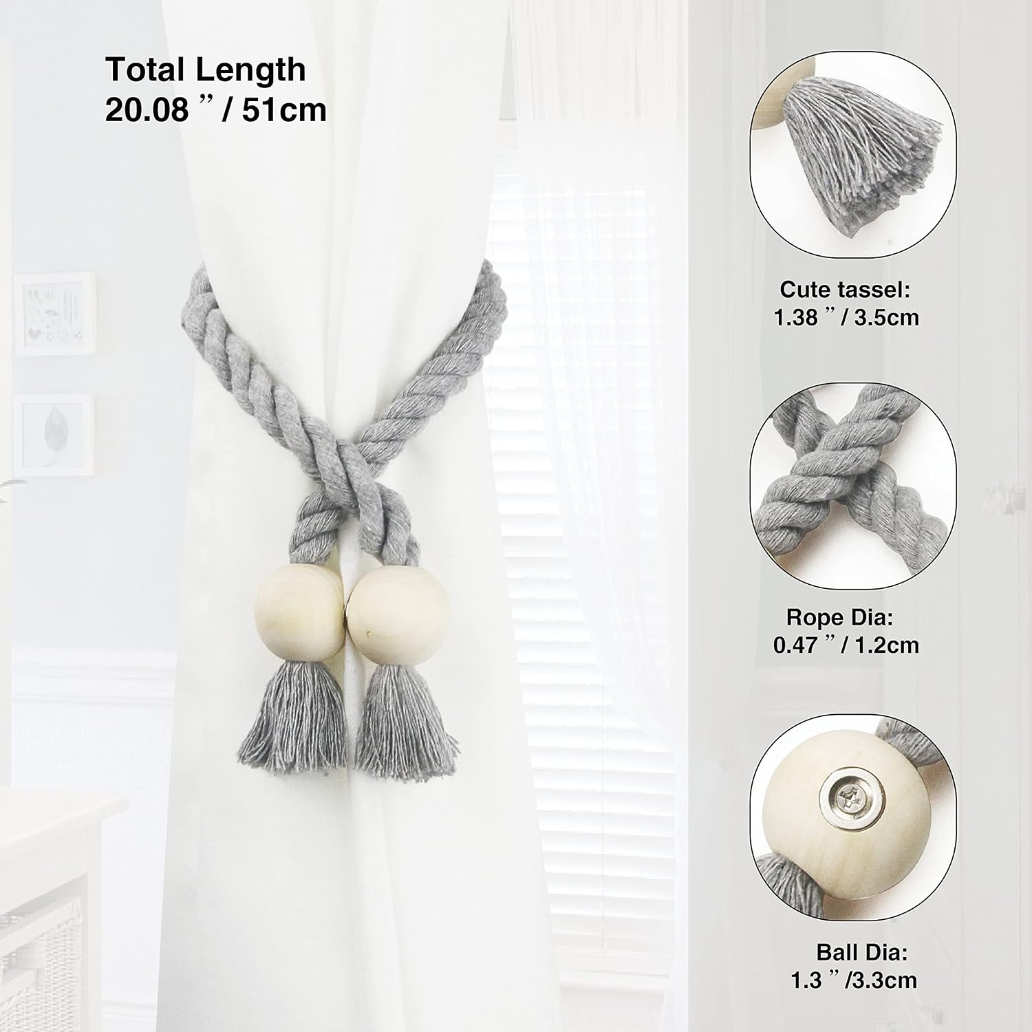 Magnetic Curtain Tiebacks Decorative Tie Back Drapes Holdbacks Nieffeiy | 6 Pack Grey Cotton Hand Woven Rope Curtain
