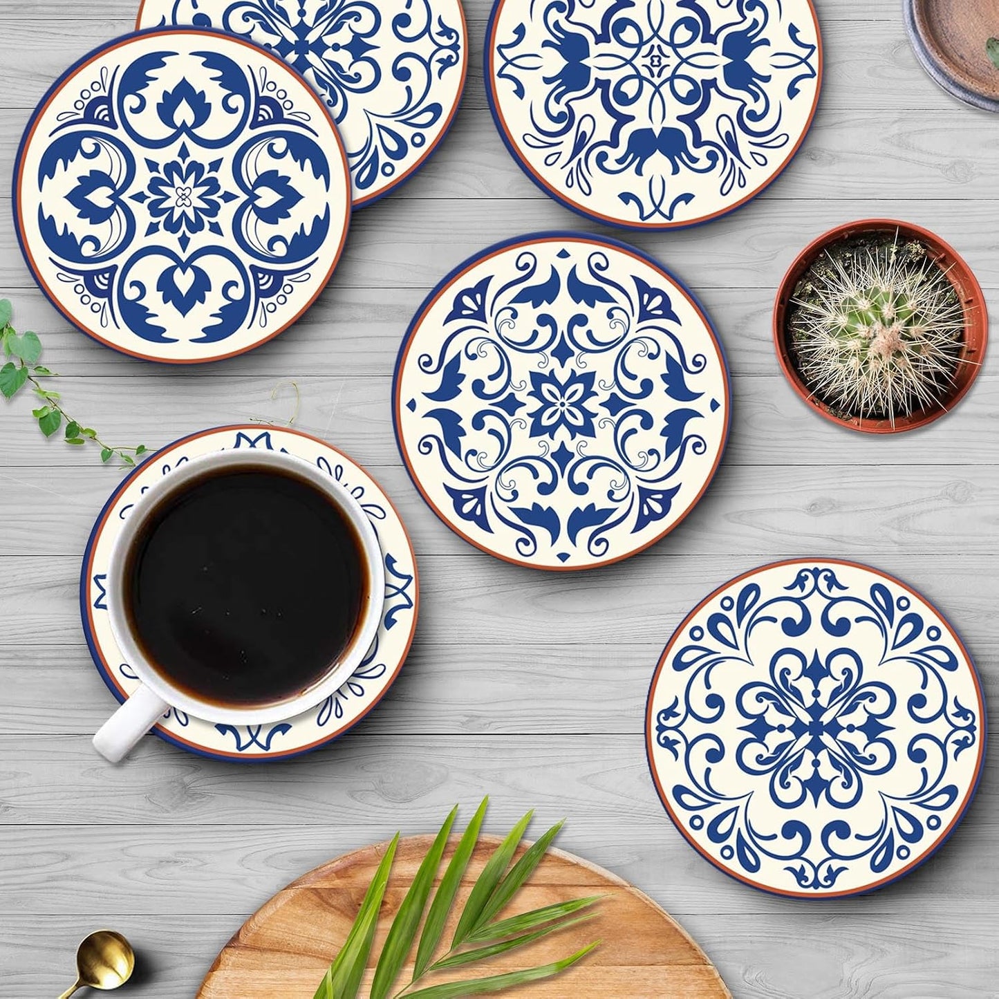 Vintage Floral Absorbent Round Ceramic Stone Mat / Spanish Ceramic / Blue / Set of 6
