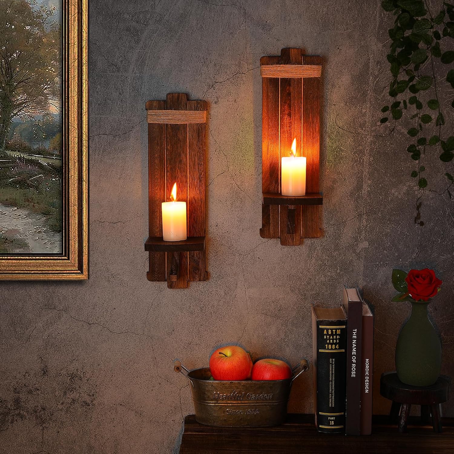 Handmade Wooden Candle Sconces Farmhouse Wall Decor / Brown / 5.3"L x 4.7"W x 16"H / Set of 2