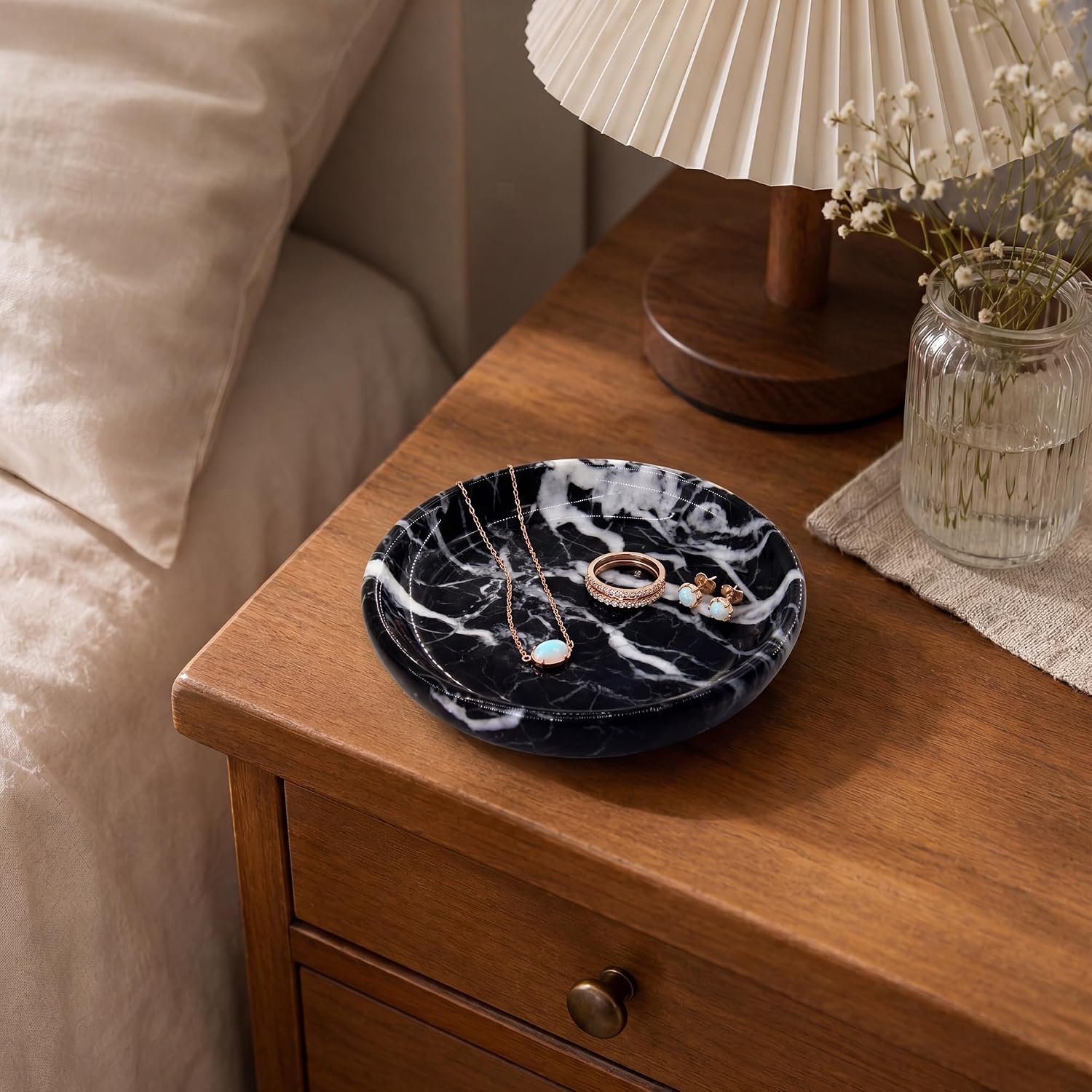 Small Natural Marble Jewelry Tray Key Plate Holder Dish Trinket Decor Catch All Bowl / Black