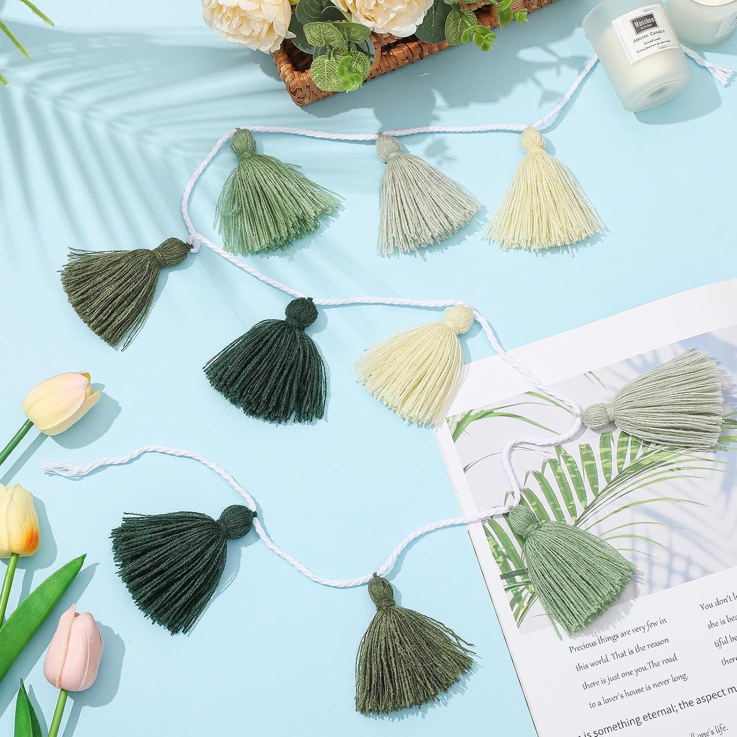 Tassel Garland Sage Green Forest Garland for Classroom Wall / 3.1 Inch / Green Colors / Set of 4