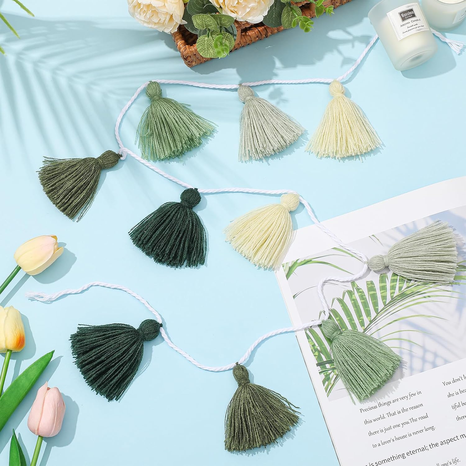 Tassel Garland Sage Green Forest Garland for Classroom Wall / 3.1 Inch / Green Colors / Set of 4