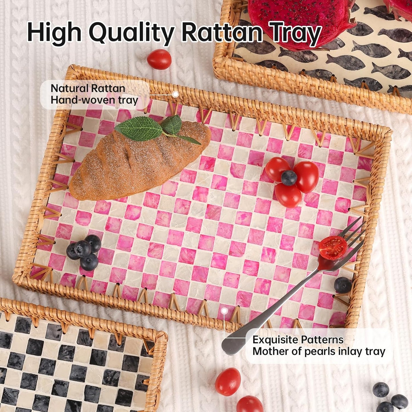 Rattan Serving Tray / Pink Checkerboard