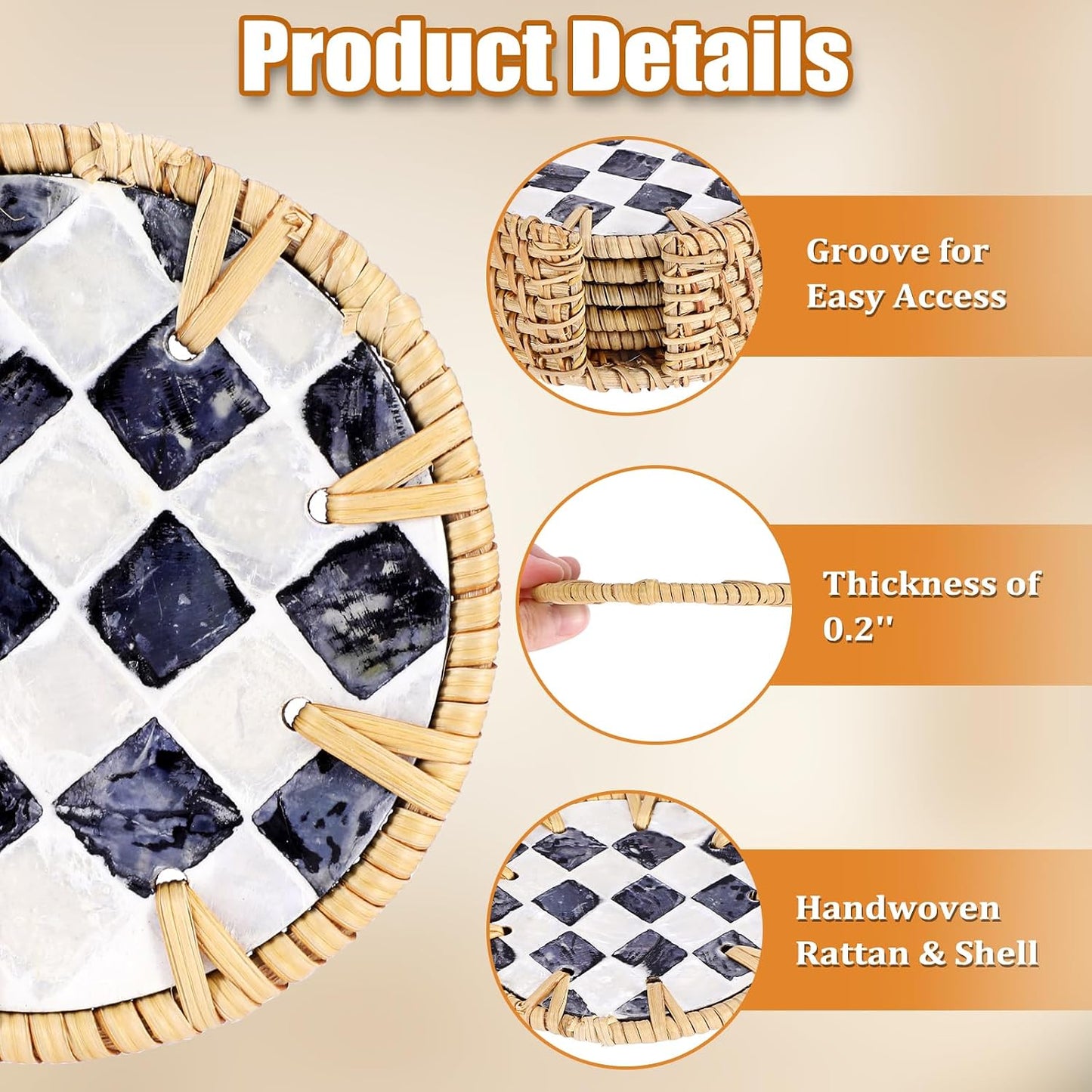 Holder / Boho Coastal Coasters / Checkered Pattern / Set of 6