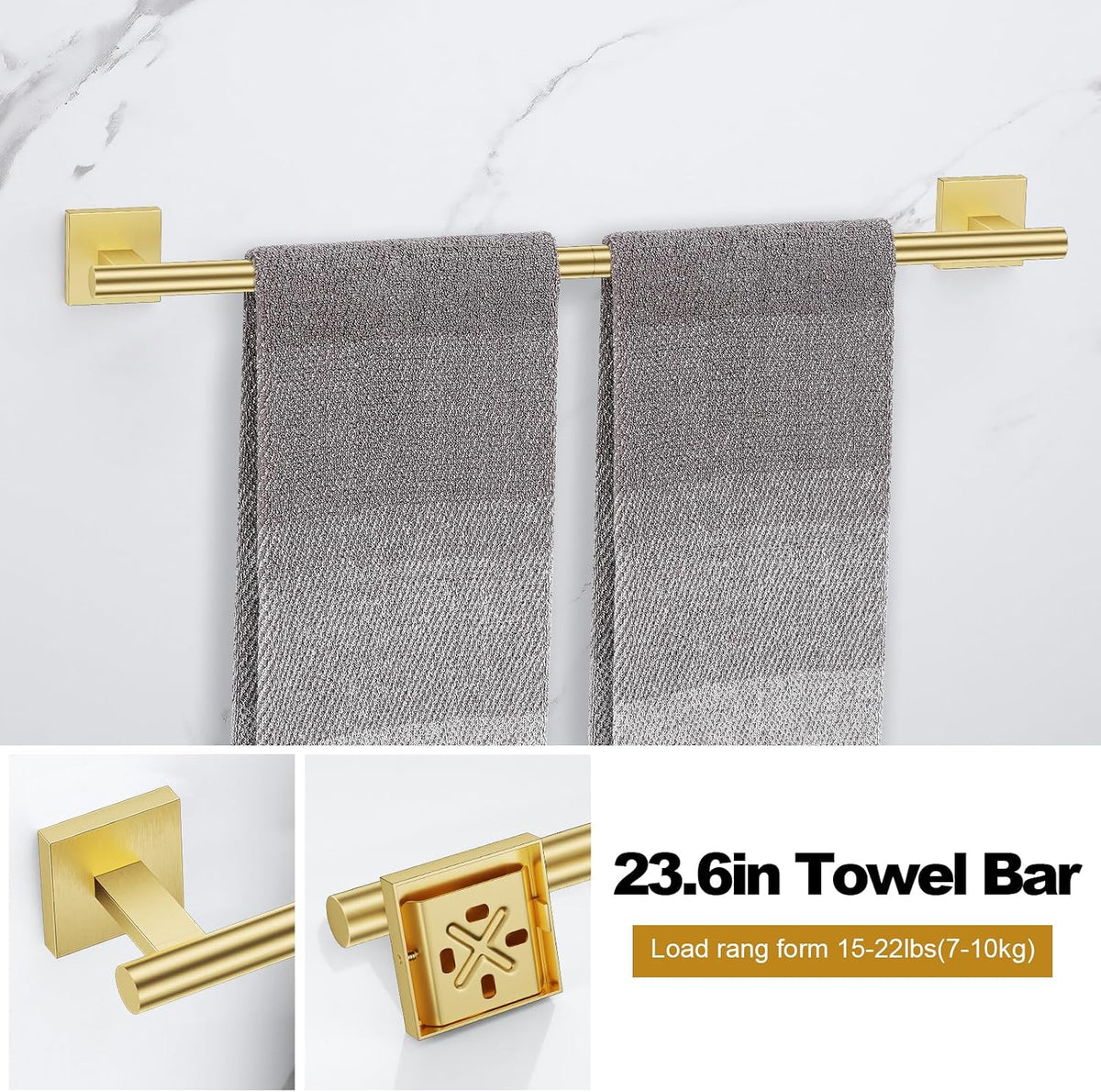 Brushed Gold Bathroom Hardware Accessories Towel Bar Set, 10 Pieces Bathroom Towel Bar Holder Set, 23.6 Inch Stainless