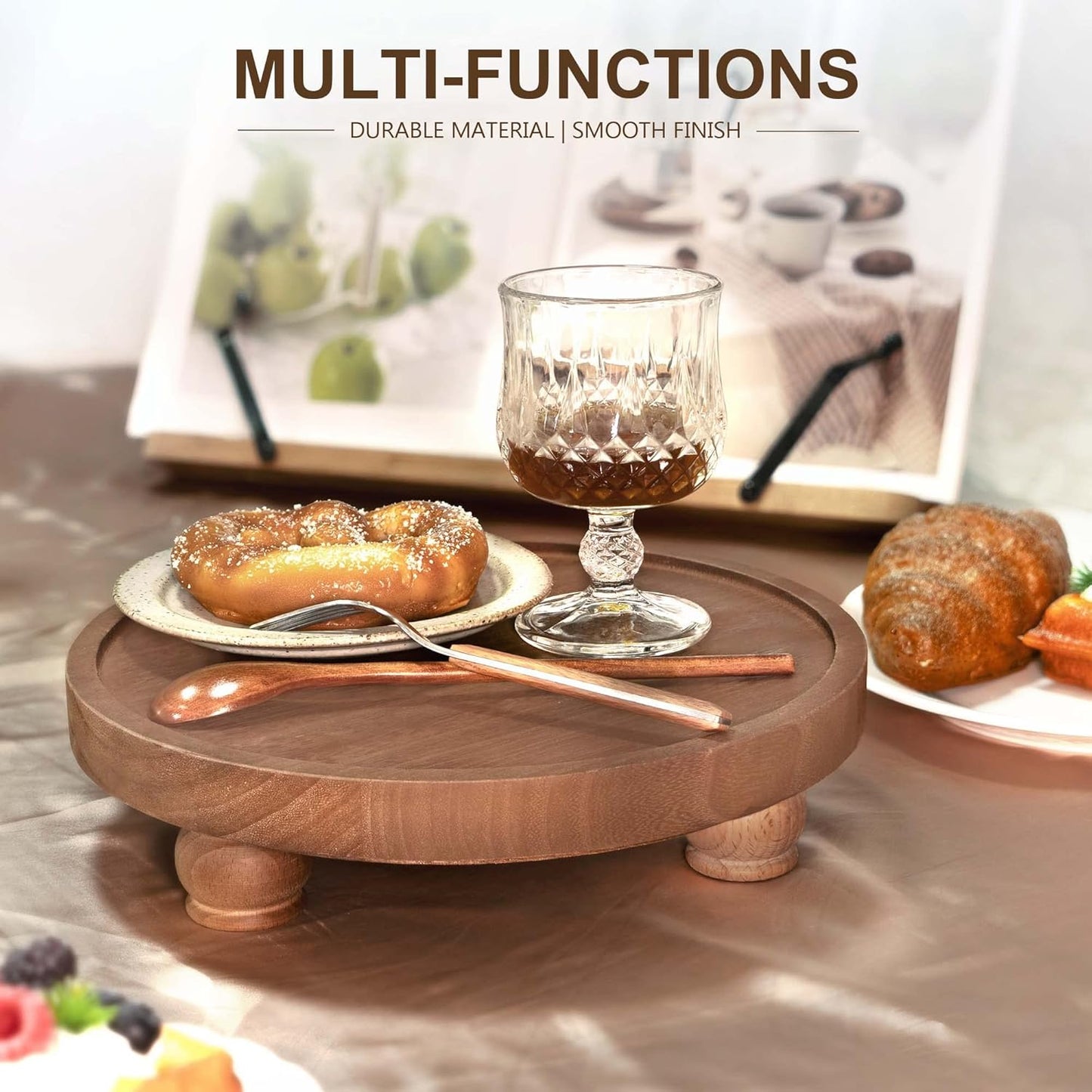 EOSAHR Wood Display Riser: Pedestal Stand for Rustic Kitchen Decor, Brown | 10" Round Display Stand, Soap & Candle