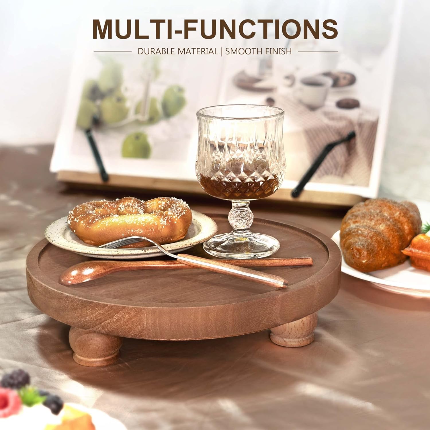 EOSAHR Wood Display Riser: Pedestal Stand for Rustic Kitchen Decor, Brown | 10" Round Display Stand, Soap & Candle