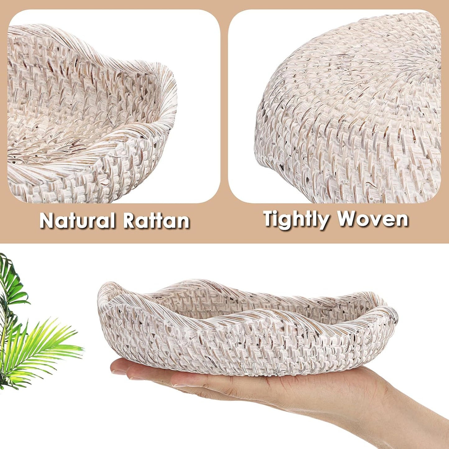Handwoven Rattan Basket Tray Decorative Key Tray for Entryway Table Handwoven / 7.9 Inch / Whitewash