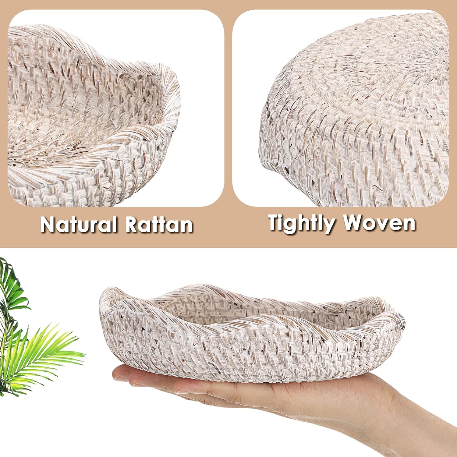 Handwoven Rattan Basket Tray Decorative Key Tray for Entryway Table Handwoven / 7.9 Inch / Whitewash
